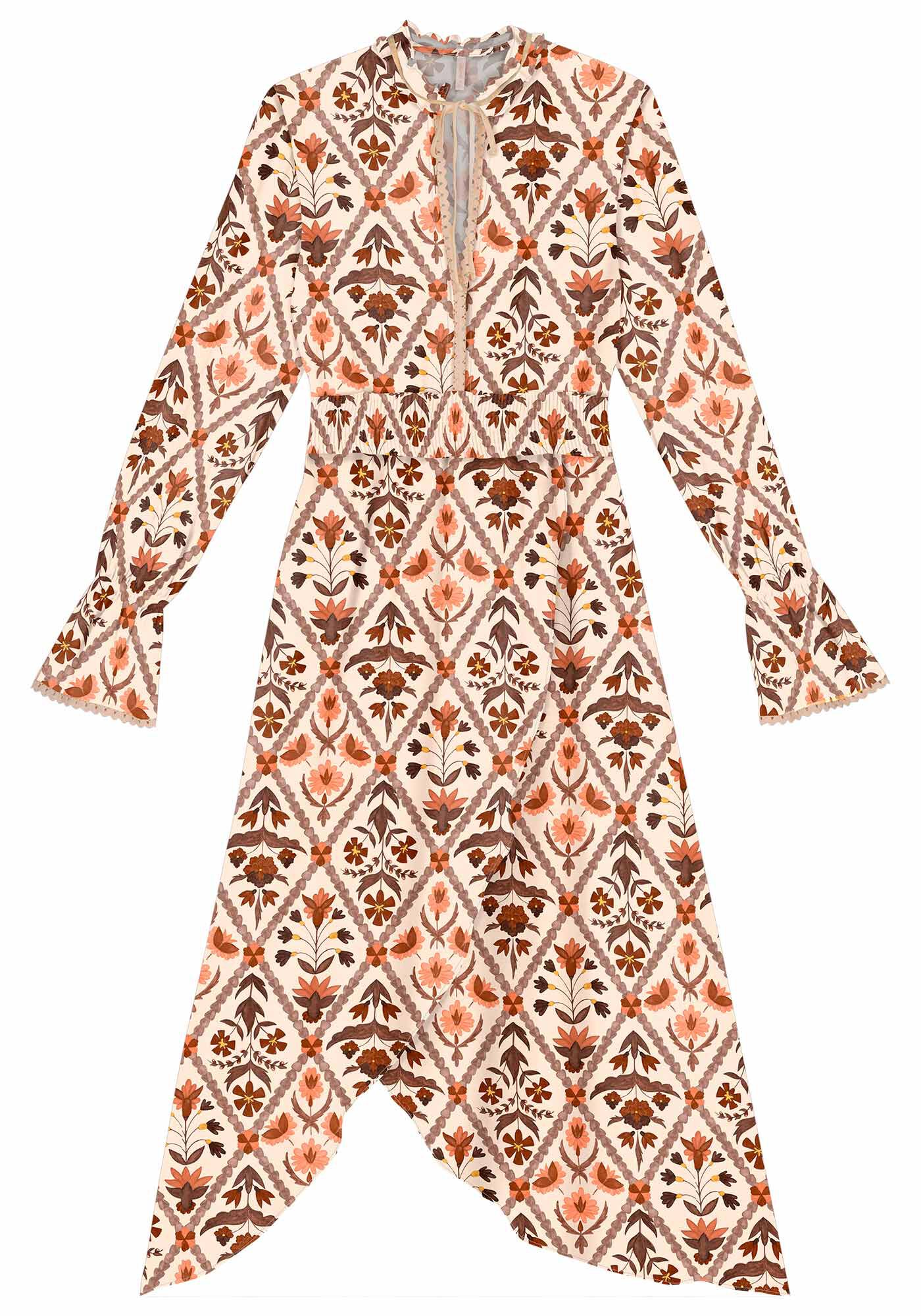 Vestido Longo Manga Longa Estampado com Renda, , large.