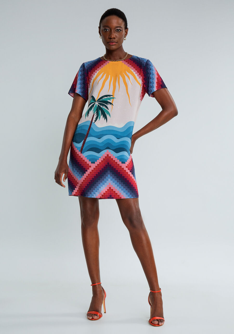 Vestido Curto Estampadado Solto, SEJA SOL. Vestido Curto Estampadado Solto, SEJA SOL, large.