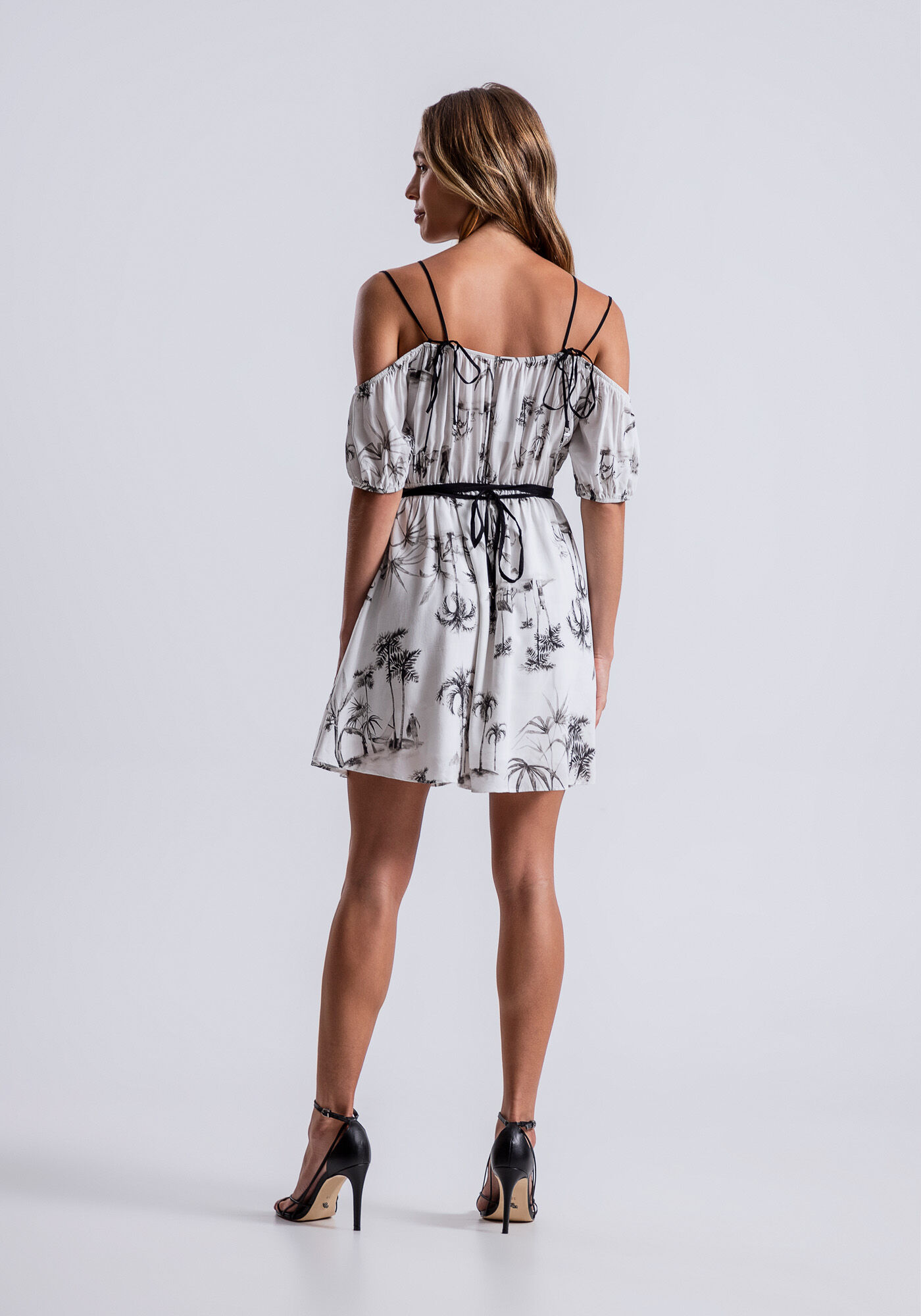 Vestido Curto Estampado em Viscose com Tiras, ILHAS, large.