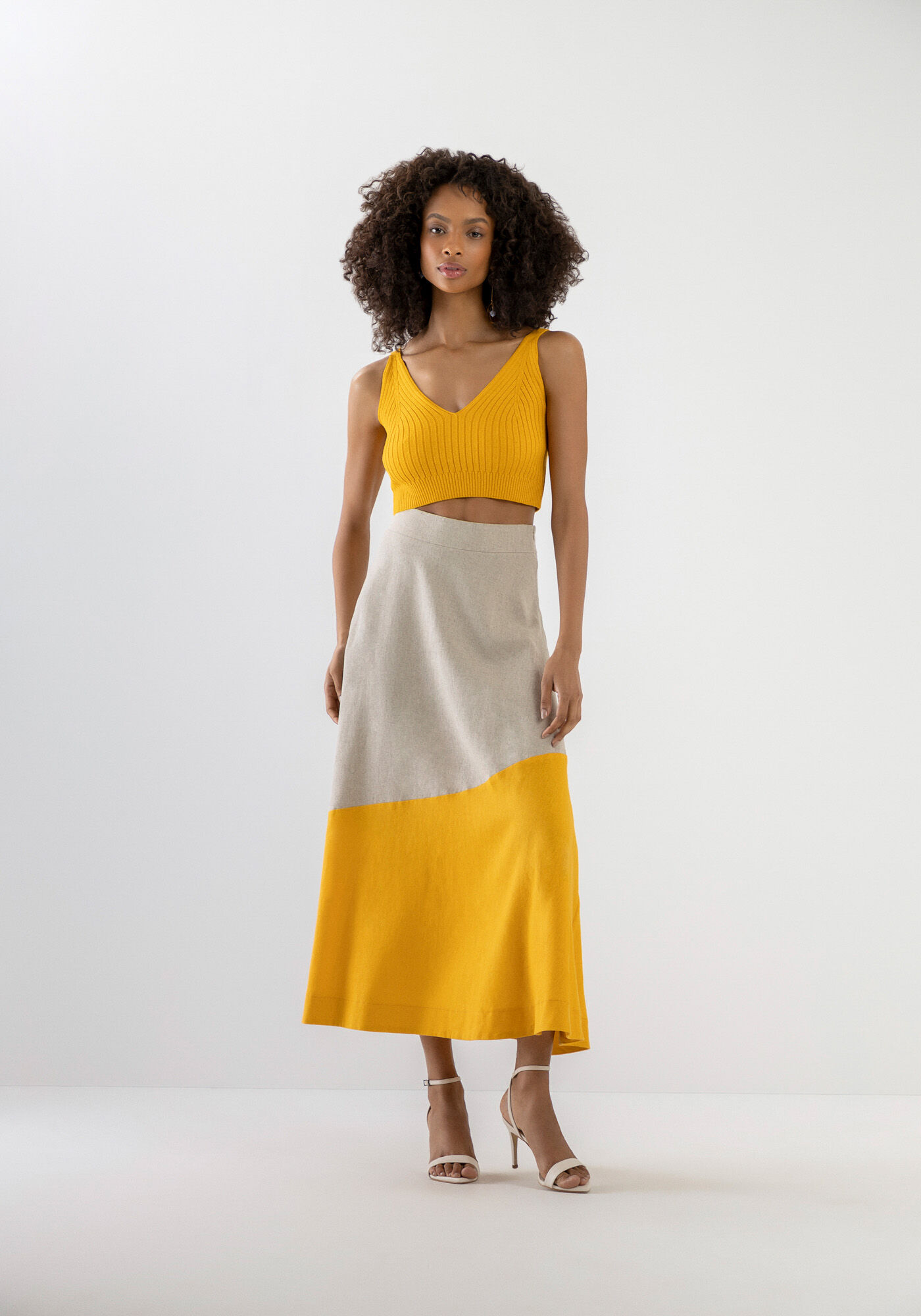 Saia Midi Evas&ecirc; Bicolor em Linho com Bolsos, , large.