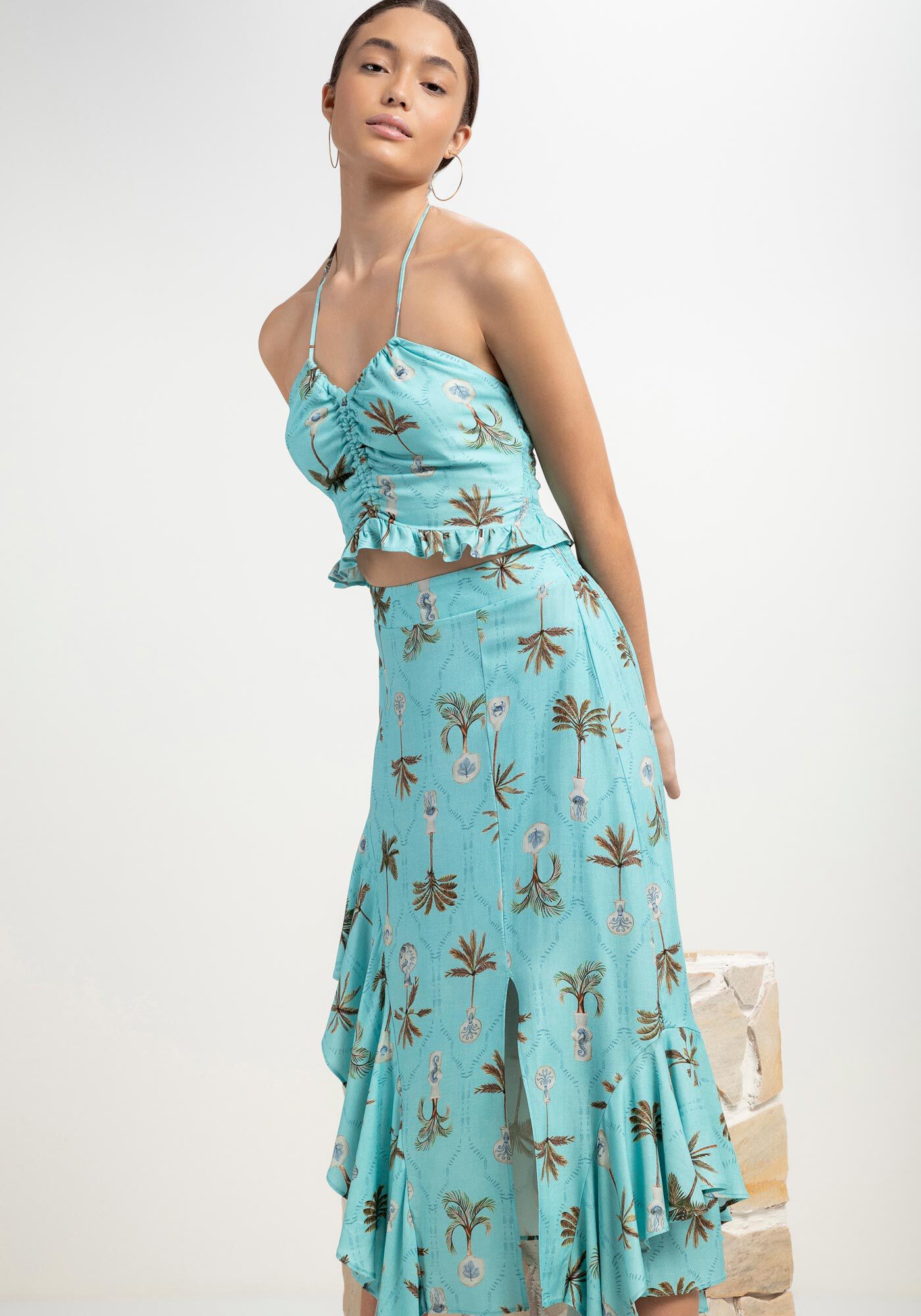 Saia Midi Estampada em Crepe com Babados, SOLLER, large.