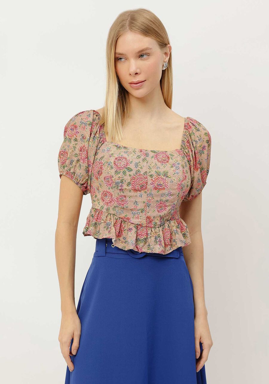 Blusa Cropped Estampada com Babado Barra, JACQUARD IMPERIAL. Blusa Cropped Estampada com Babado Barra, JACQUARD IMPERIAL, large.