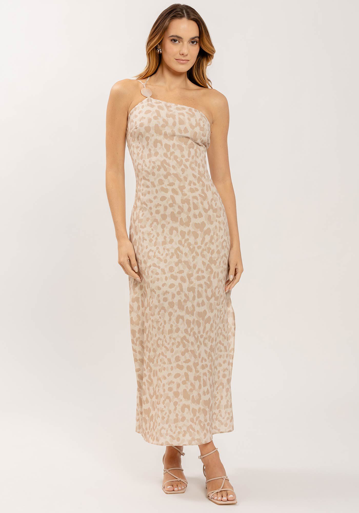 Vestido Midi Estampado em Linho com Um Ombro S&oacute;, , large.