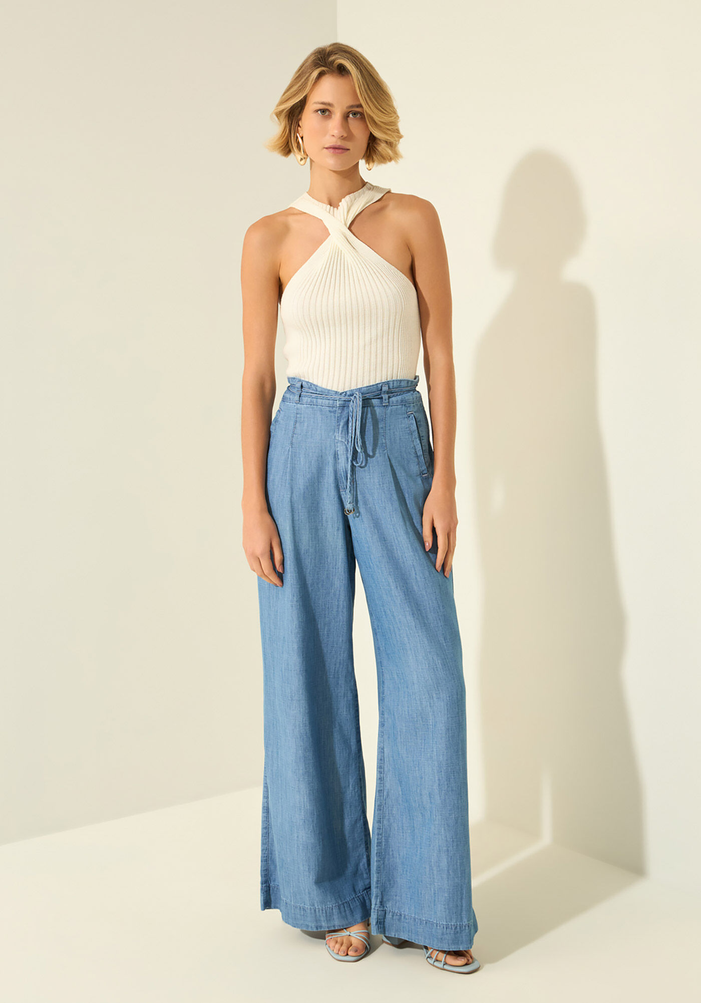 Cal&ccedil;a Pantalona Jeans De Cintura Alta Com Linho, JEANS, large.