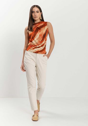 Blusa Sem Mangas Estampada Com Gola Em Malha De Viscose, ART LARANJA. Blusa Sem Mangas Estampada Com Gola Em Malha De Viscose, ART LARANJA, large.