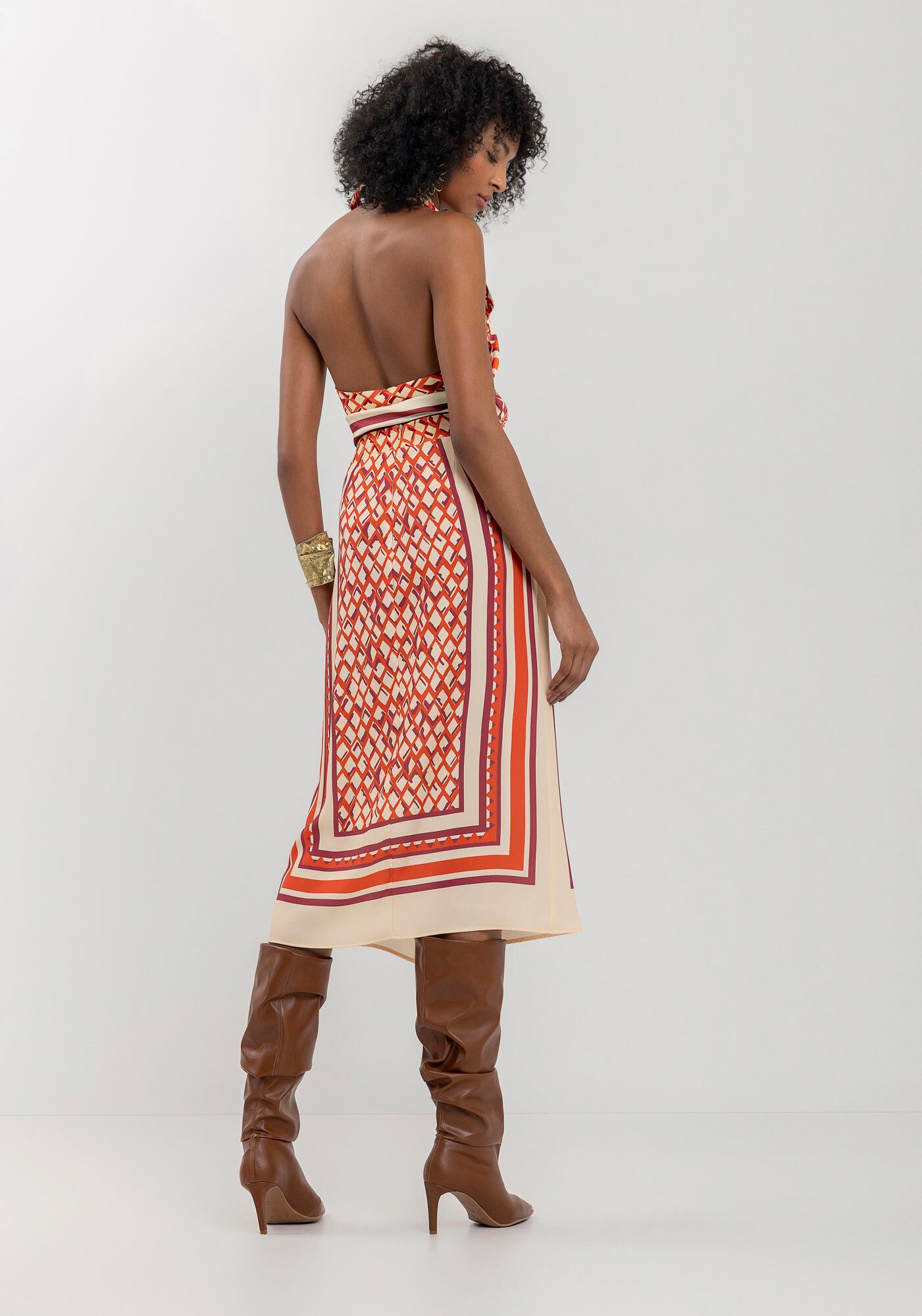 Saia Midi Estampada Com Cintura Alta E Z&iacute;per Posterior, CONTINUOUS LARANJA, large.