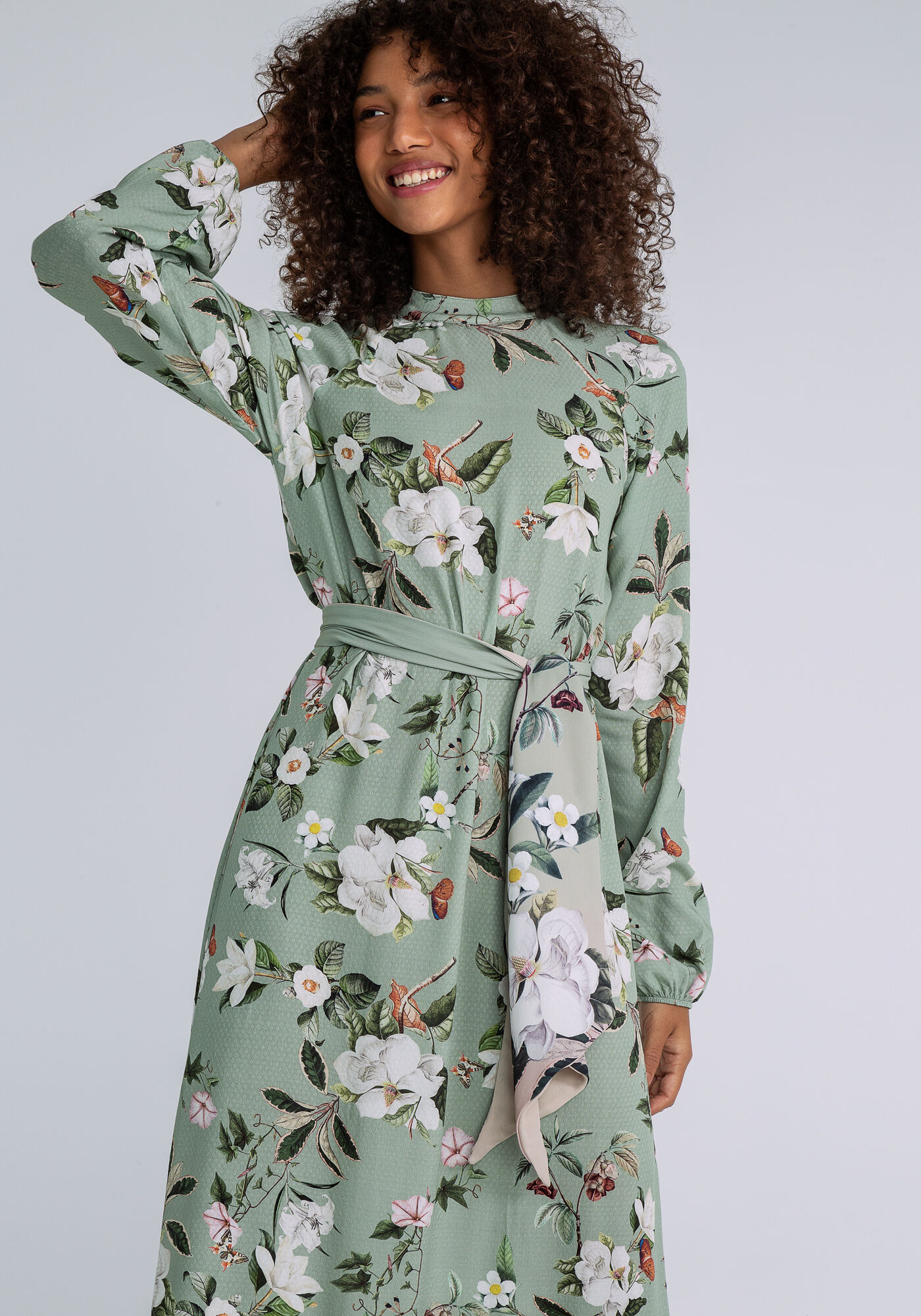 Vestido Manga Longa M&iacute;di com Faixa, FLORAL, large.