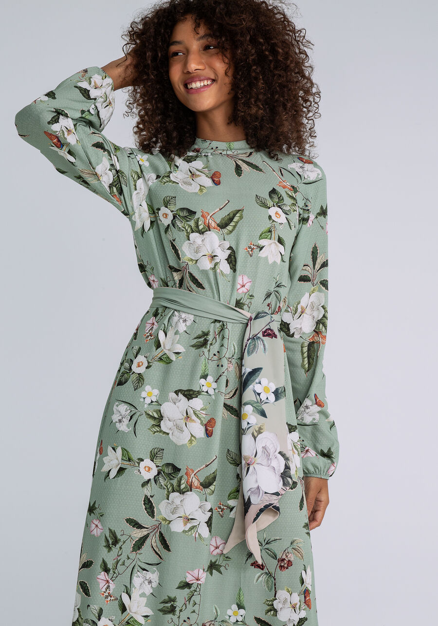 Vestido Manga Longa Mídi com Faixa, FLORAL. Vestido Manga Longa Mídi com Faixa, FLORAL, large.