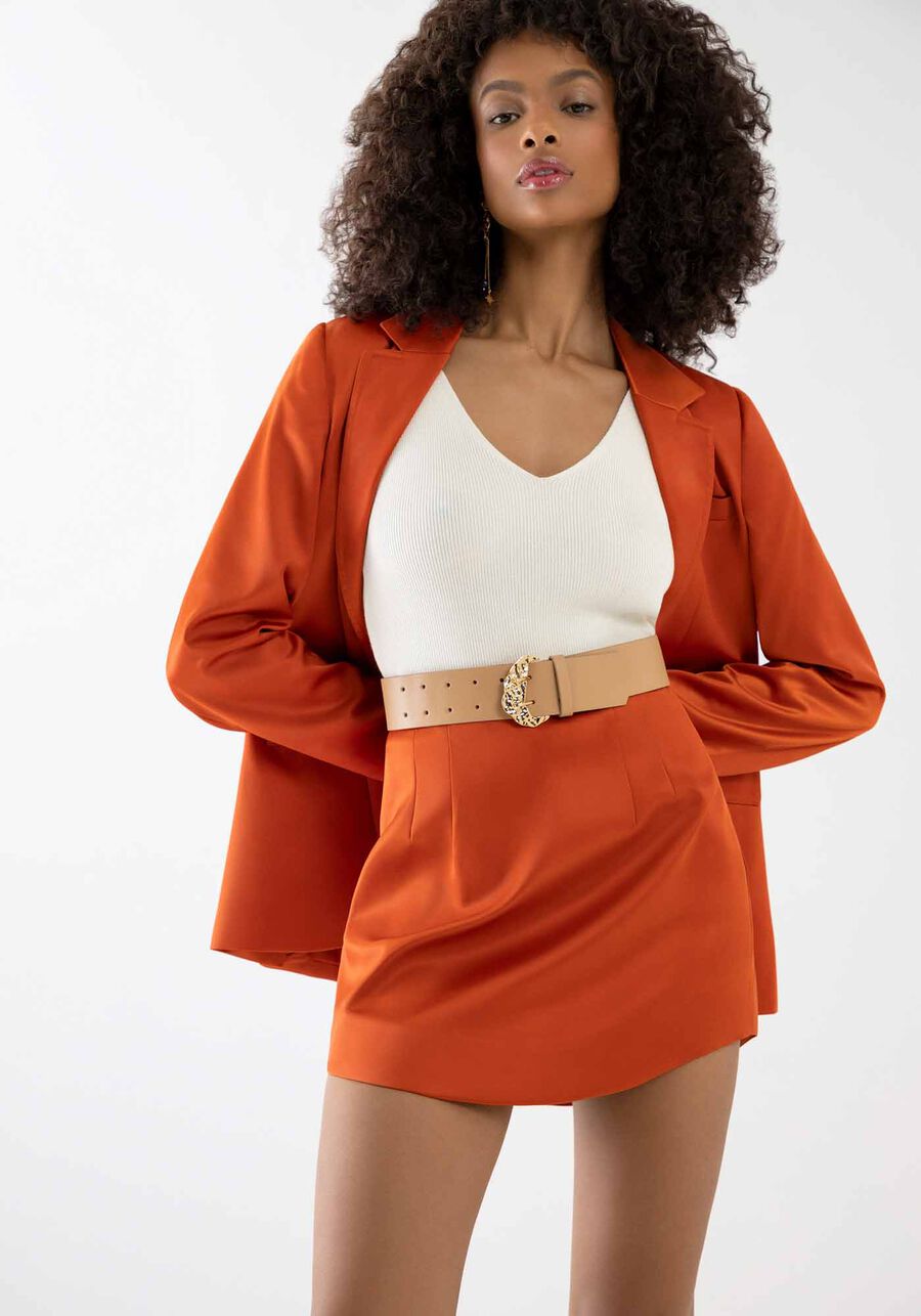 Saia em Tecido Acetinado com Barra Arredondada, LARANJA CARMIN. Saia em Tecido Acetinado com Barra Arredondada, LARANJA CARMIN, large.
