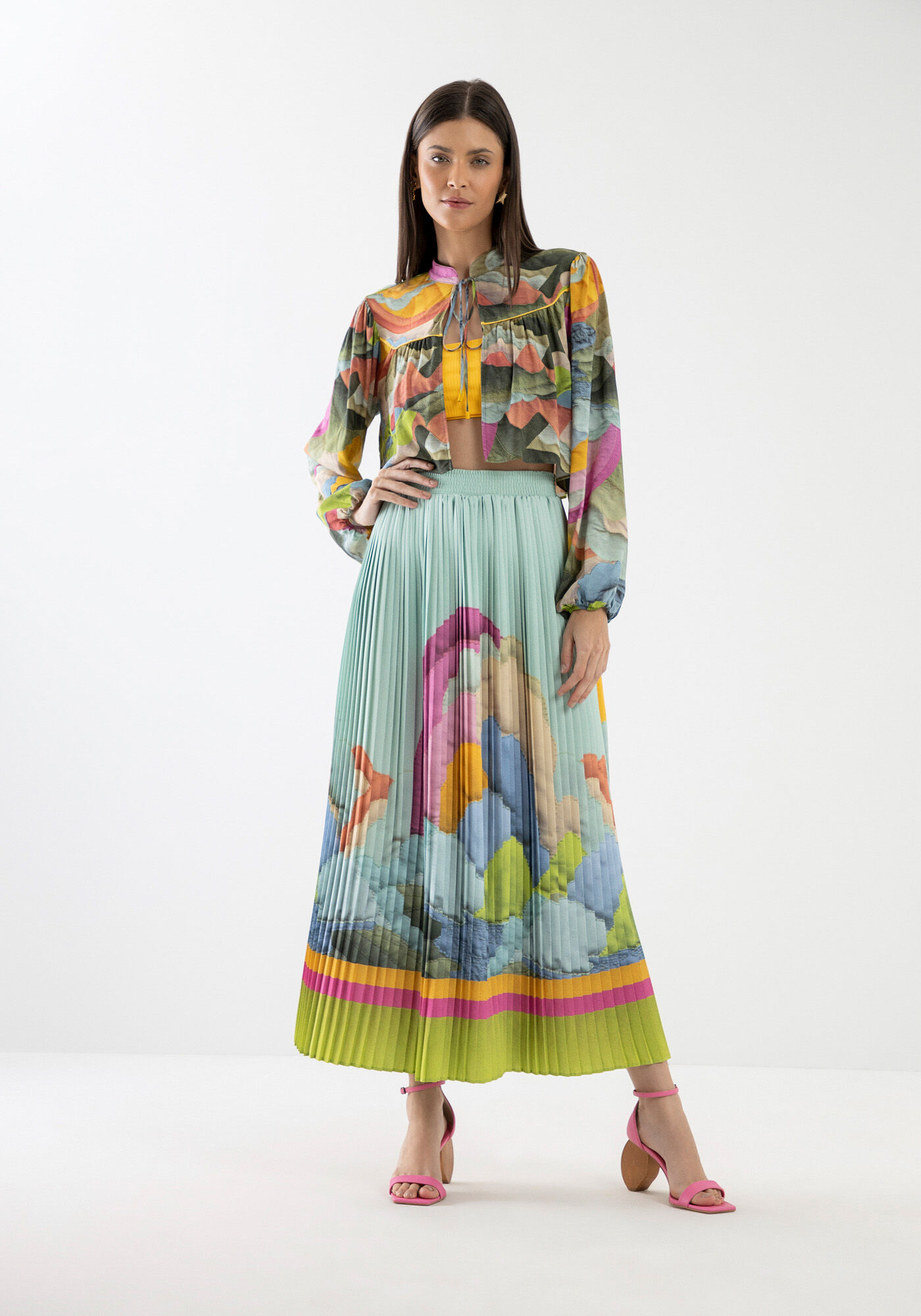 Saia Midi Evas&ecirc; Plissada Estampada, , large.