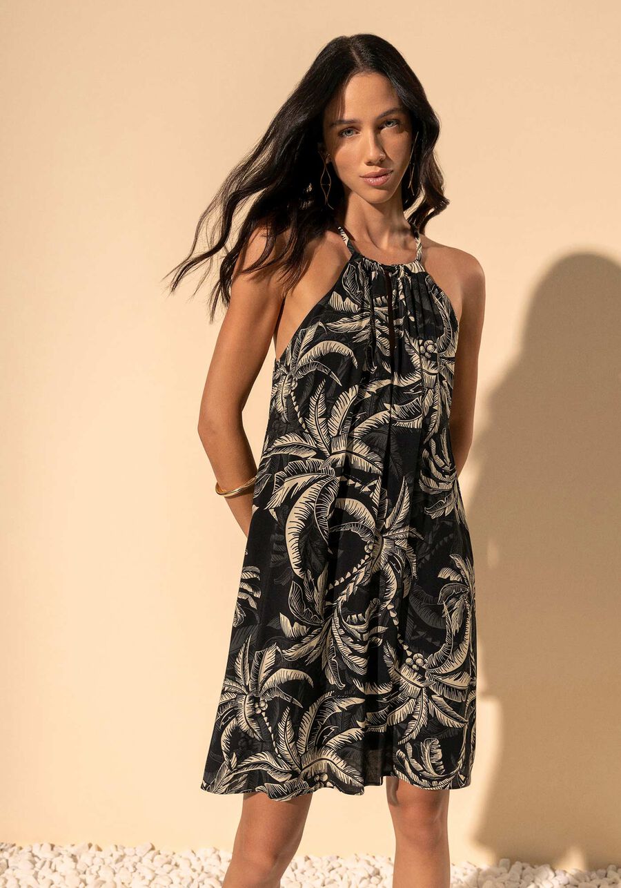 Vestido Curto Estampado Com Amarração Em Viscose, COQUEIRO PRETO. Vestido Curto Estampado Com Amarração Em Viscose, COQUEIRO PRETO, large.