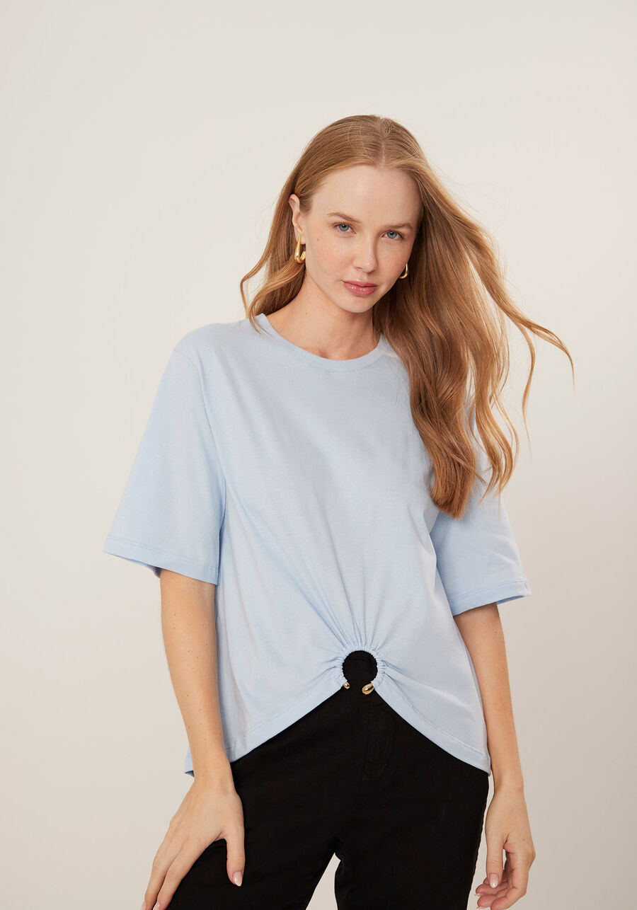 Blusa Em Algodão Com Mangas Médias E Argola Frontal, . Blusa Em Algodão Com Mangas Médias E Argola Frontal, , large.