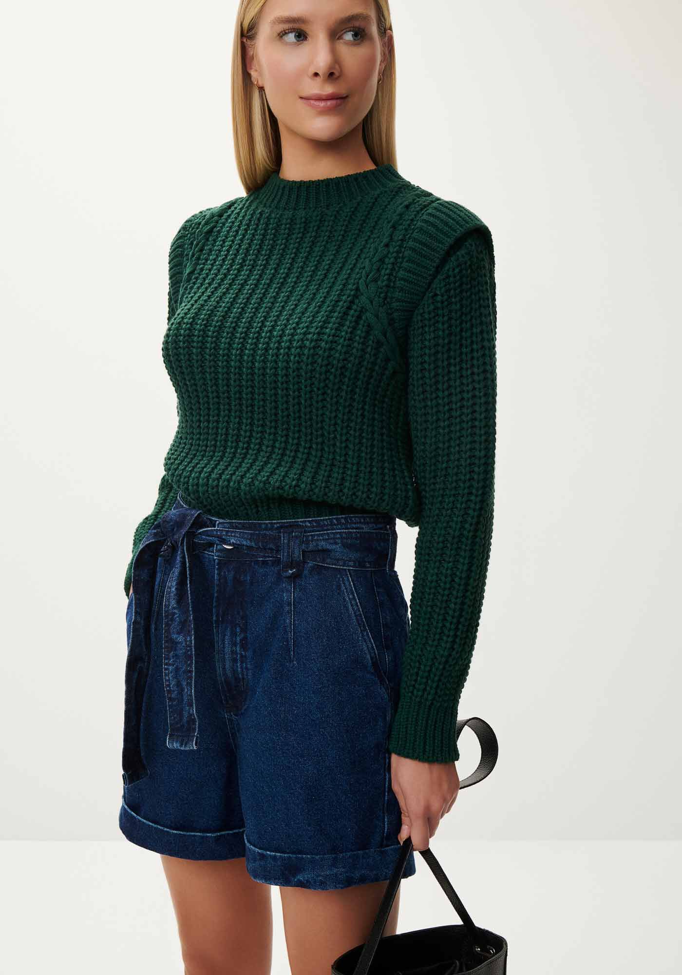 Blus&atilde;o Manga Longa em Tric&ocirc; com Recorte Ombros, VERDE ARABESQUE, large.