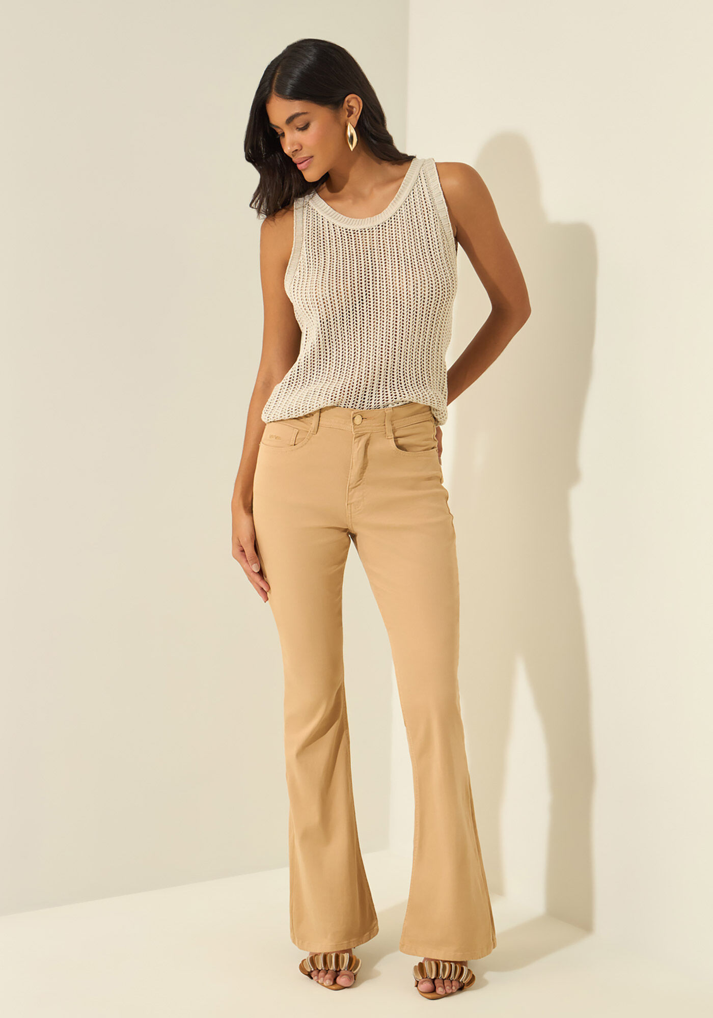 Cal&ccedil;a Boot Cut De Sarja Com Elastano E Cintura Alta, BEGE ALIEN, large.