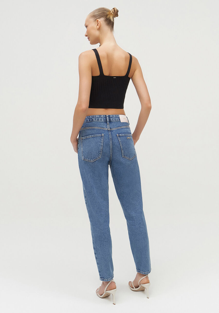 Calça Jeans Mom Cropped com Pespontos, JEANS. Calça Jeans Mom Cropped com Pespontos, JEANS, large.