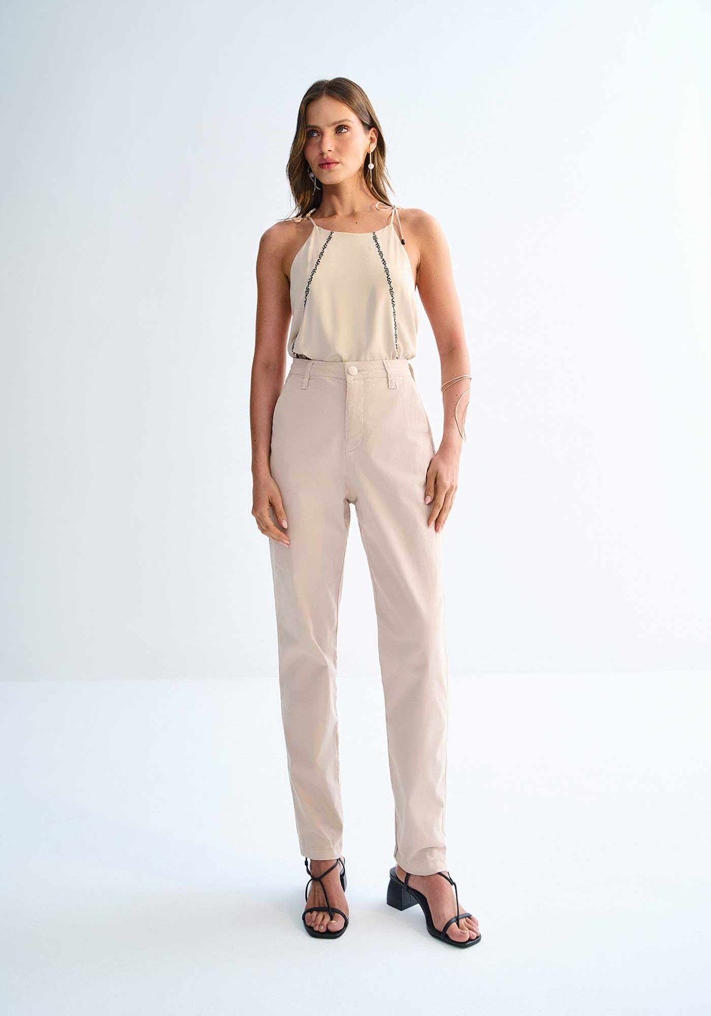 Cal&ccedil;a Sarja Reta Cintura Alta Cropped com Elasticidade, BEGE GINGER, large.