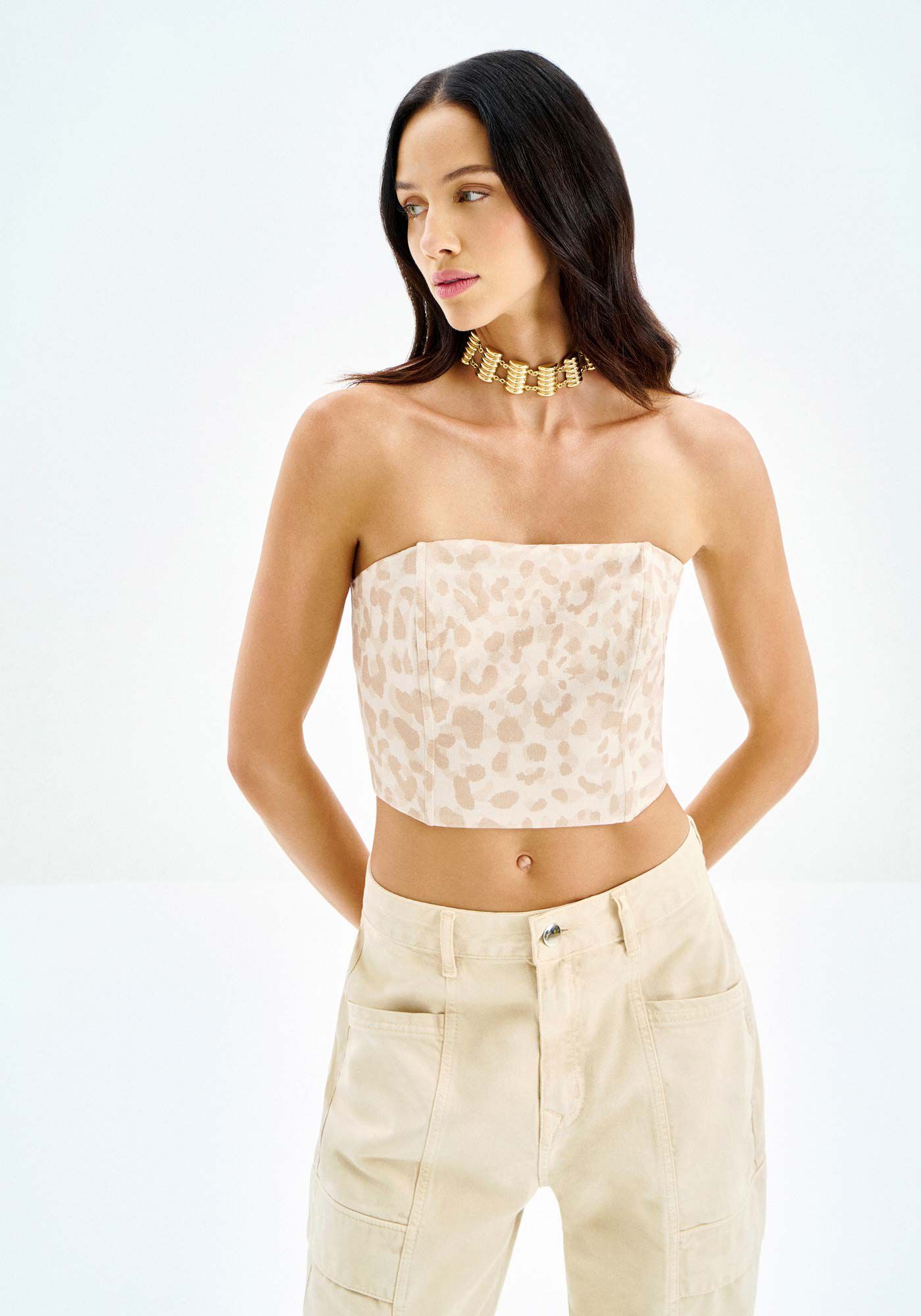 Blusa em Linho Estampada Sem Al&ccedil;as, , large.