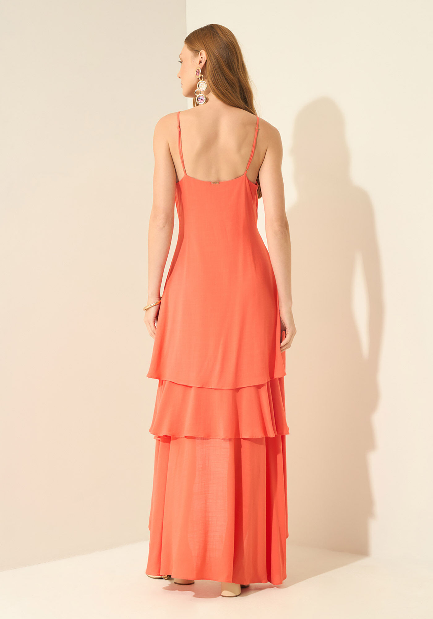 Vestido Longo De Al&ccedil;as Com Babados, SALMAO VERANO, large.