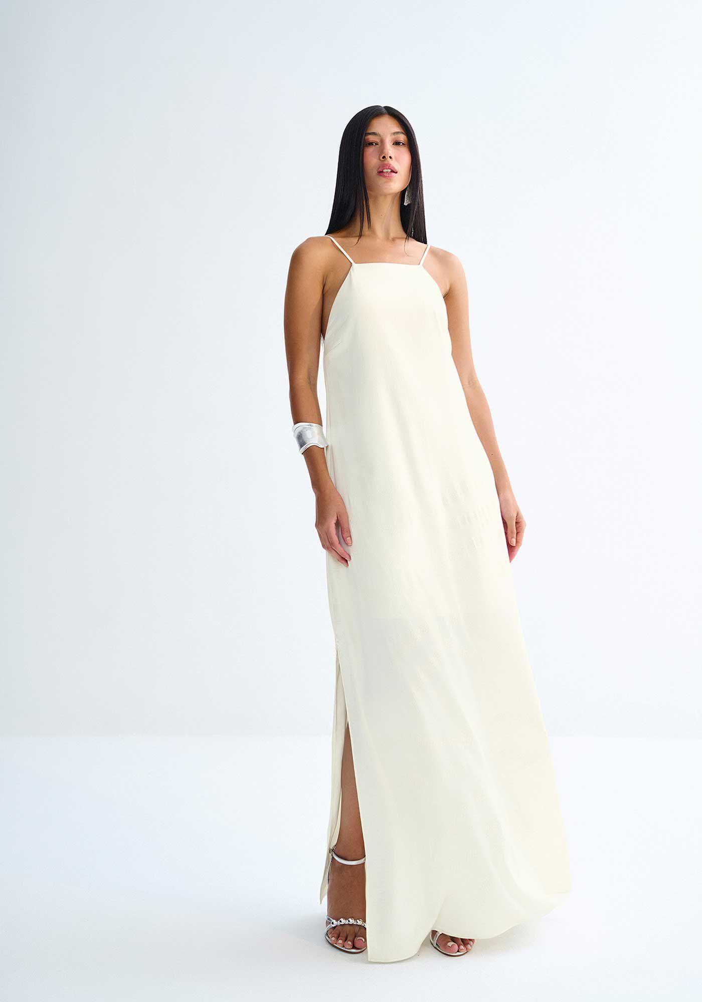 Vestido Longo Costas Cavadas com Strass, CREME ANGORA, large.