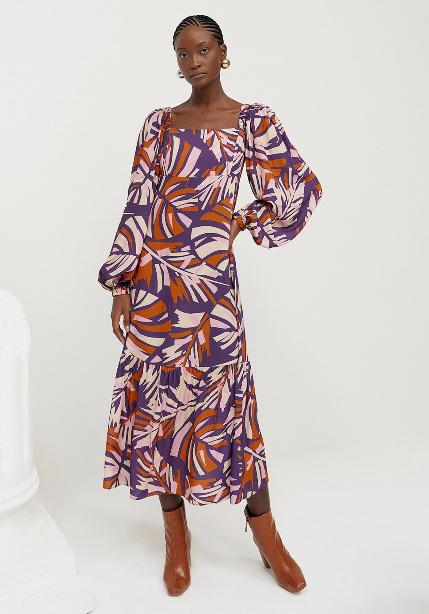 Vestido Midi Estampado com Manga Longa Bufante, , large.