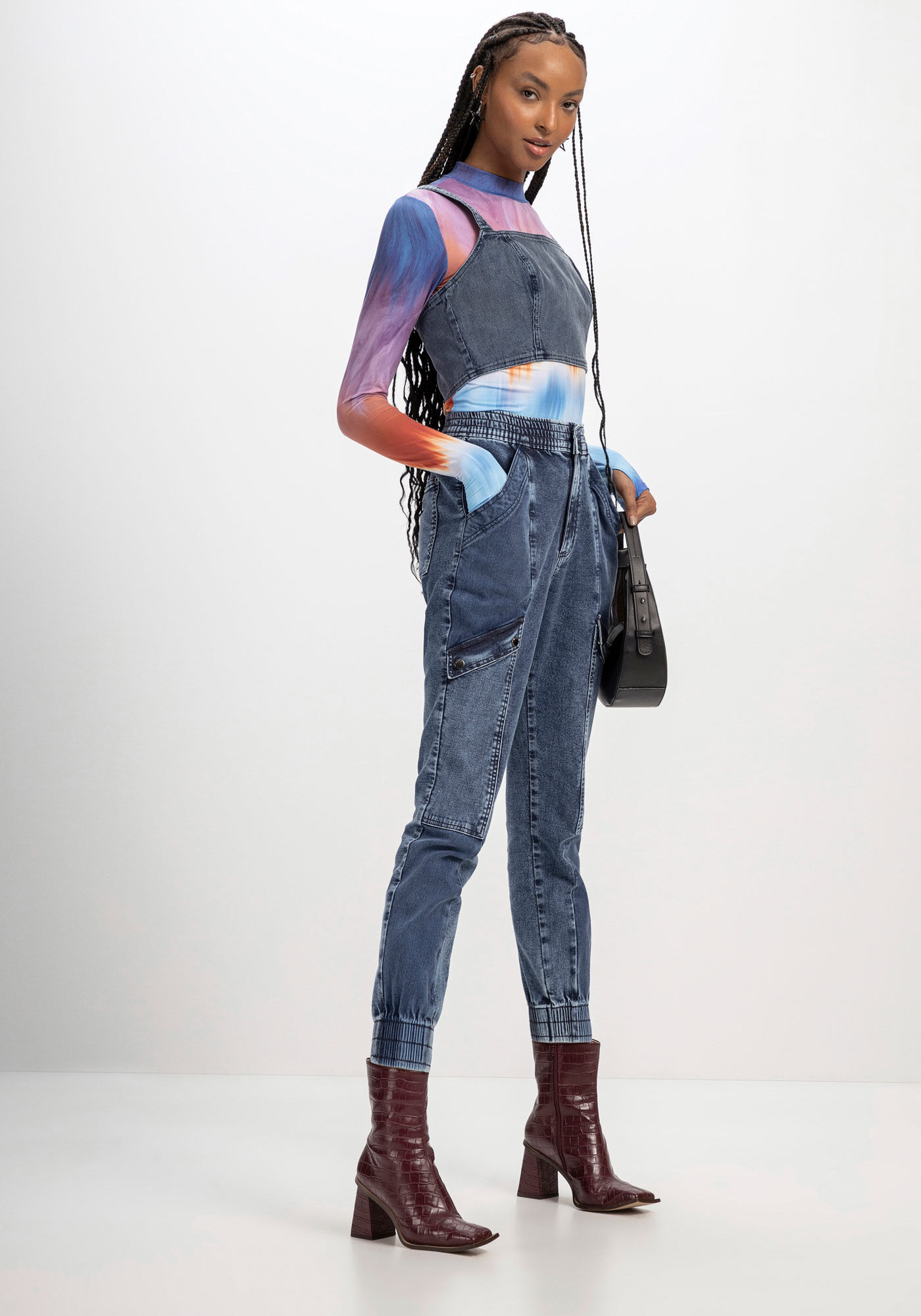 Cal&ccedil;a Jeans Jogging Super Alta com Recortes, JEANS, large.