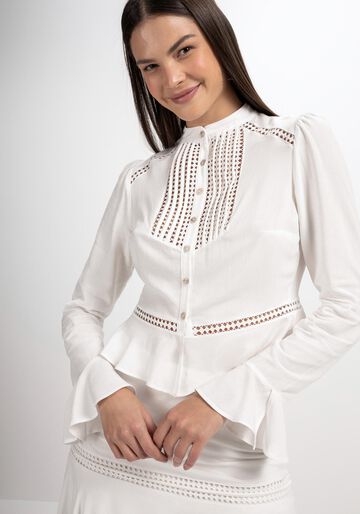 Camisa Manga Longa com Detalhe Vazado, BRANCO OFF WHITE, large.