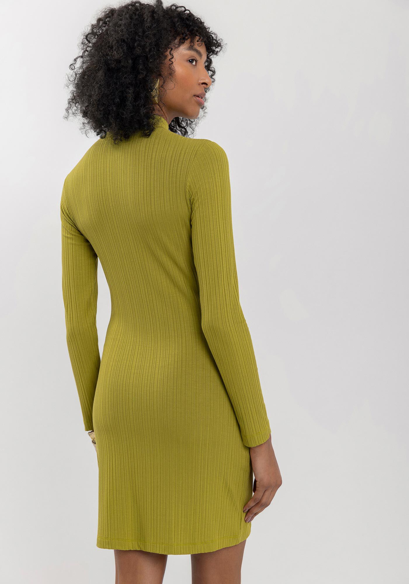 Vestido Curto Canelado Com Mangas Longas E Gola Alta, VERDE NEW SOFT, large.