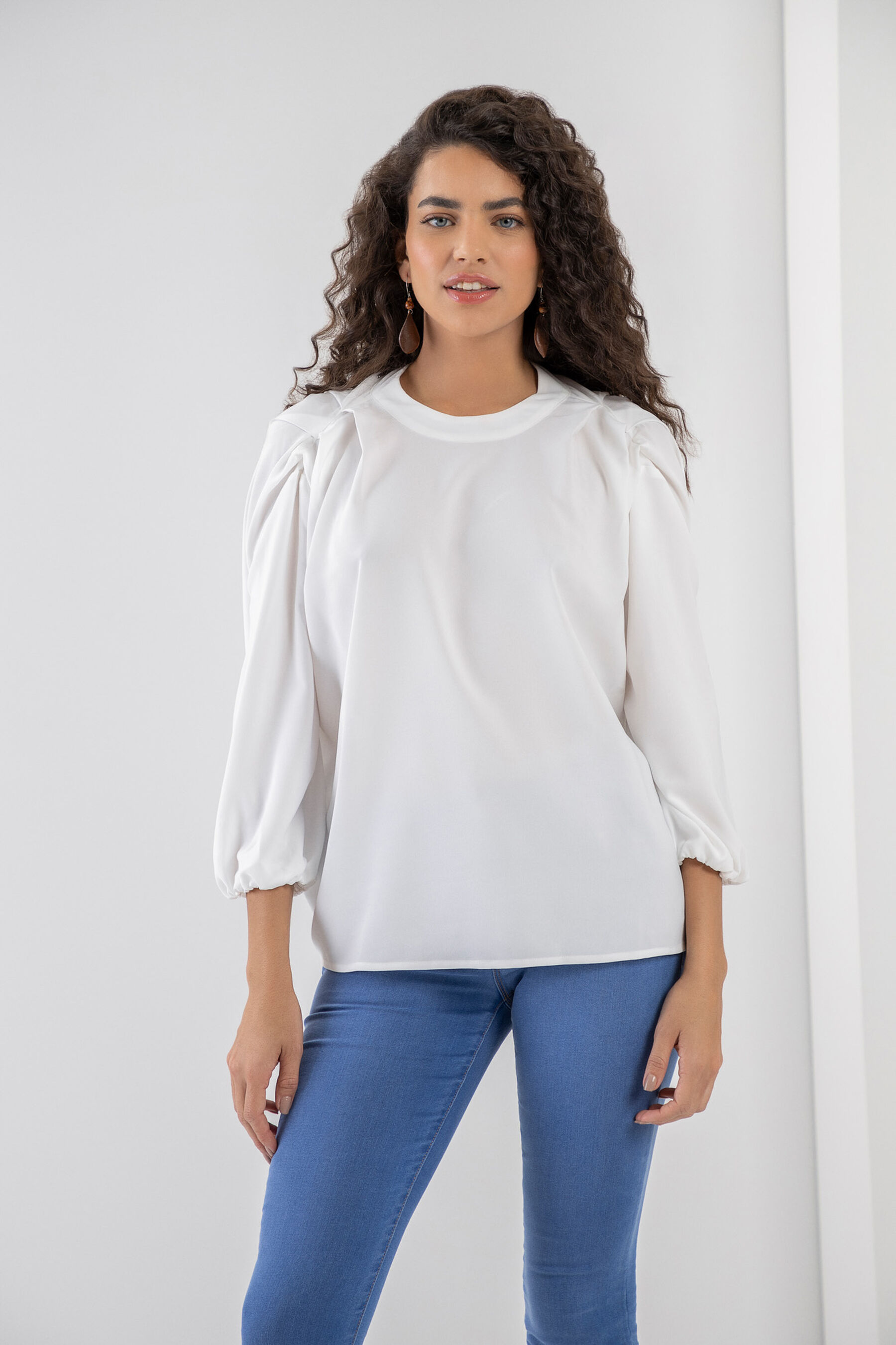 Blusa Manga 3/4 em Crepe com Pregas, . Blusa Manga 3/4 em Crepe com Pregas, , large.