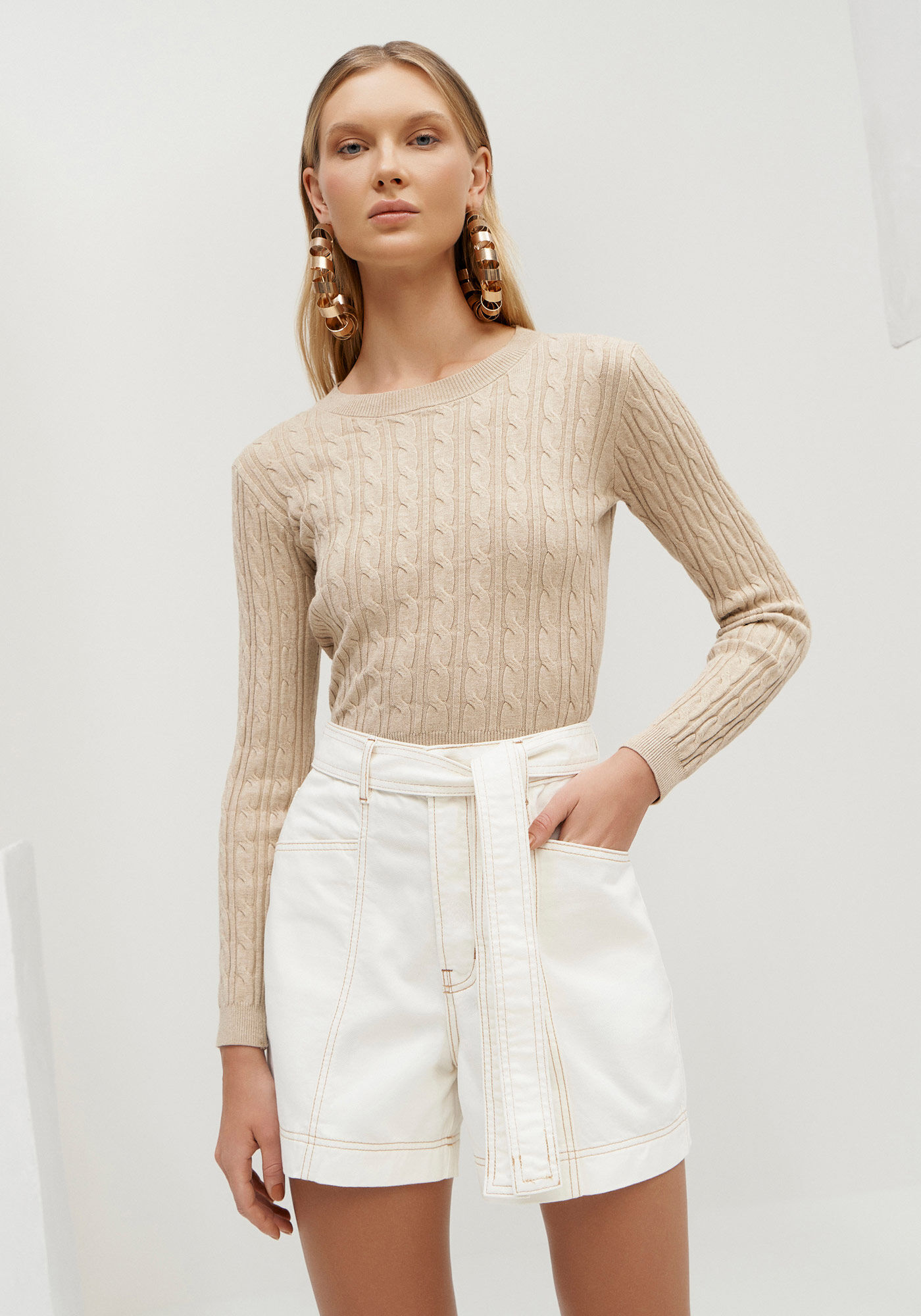 Shorts Sarja Mom Cintura Alta com Cinto, , large.