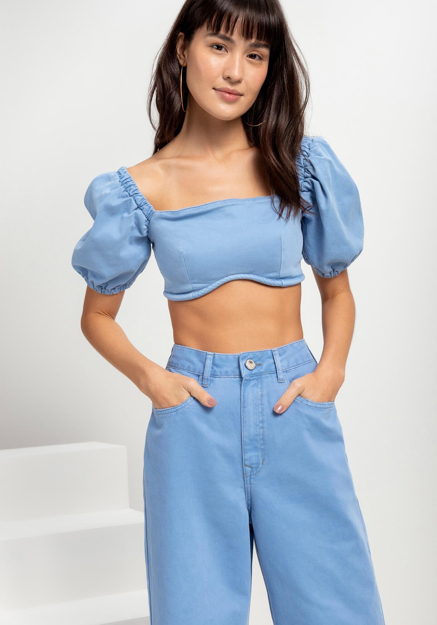 Blusa Sarja Cropped com Manga Bufante, , large.