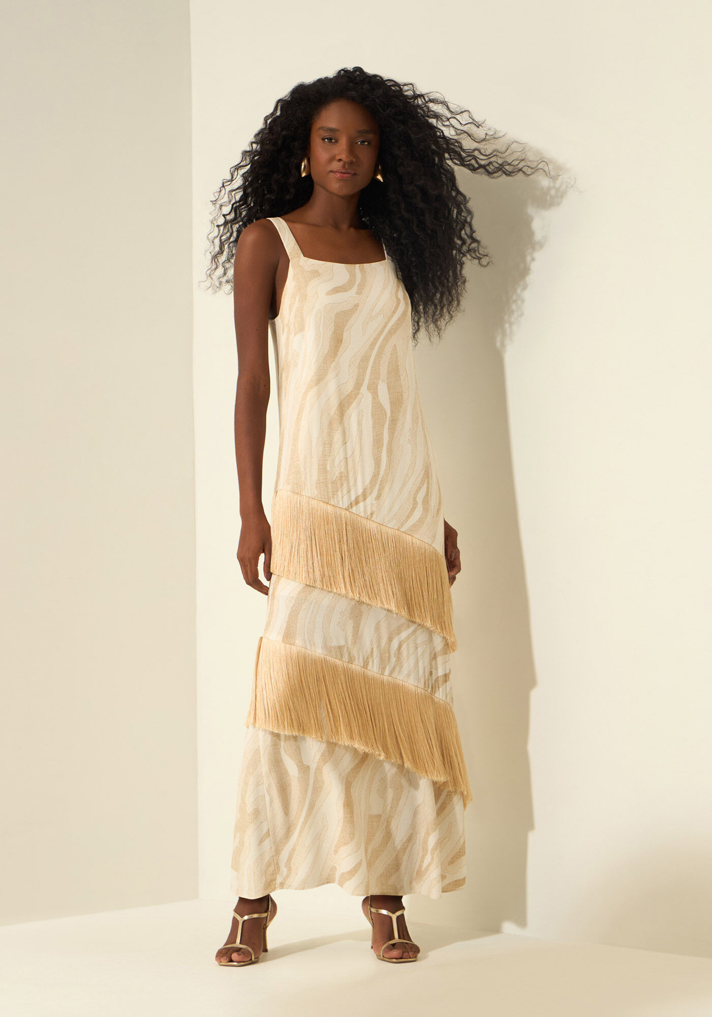 Vestido Longo Estampado De Al&ccedil;as Com Franjas, NATURAL BEGE, large.