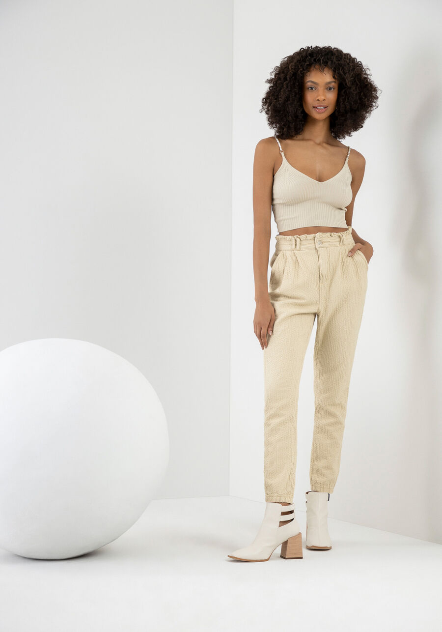 Calça Jogging Sustentável em Tecido Texturizado, BEGE OR FIV. Calça Jogging Sustentável em Tecido Texturizado, BEGE OR FIV, large.