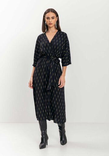 Vestido Midi Transpassado Estampado Com Faixa E Decote Em V, PATTERN PRETO. Vestido Midi Transpassado Estampado Com Faixa E Decote Em V, PATTERN PRETO, large.