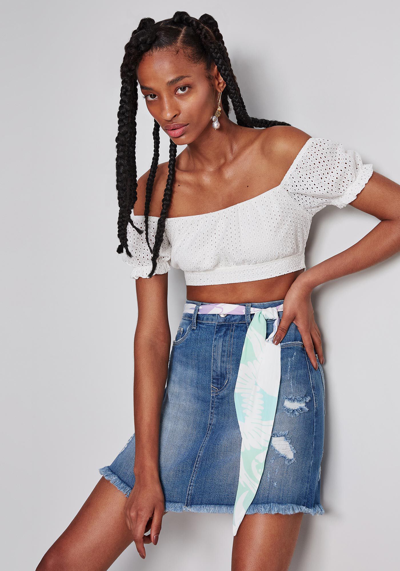 Saia jeans cintura alta com cropped 2025