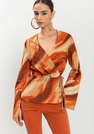 Blusa Transpassada De Mangas Longas Com Amarração Lateral, ART LARANJA. Blusa Transpassada De Mangas Longas Com Amarração Lateral, ART LARANJA, large.