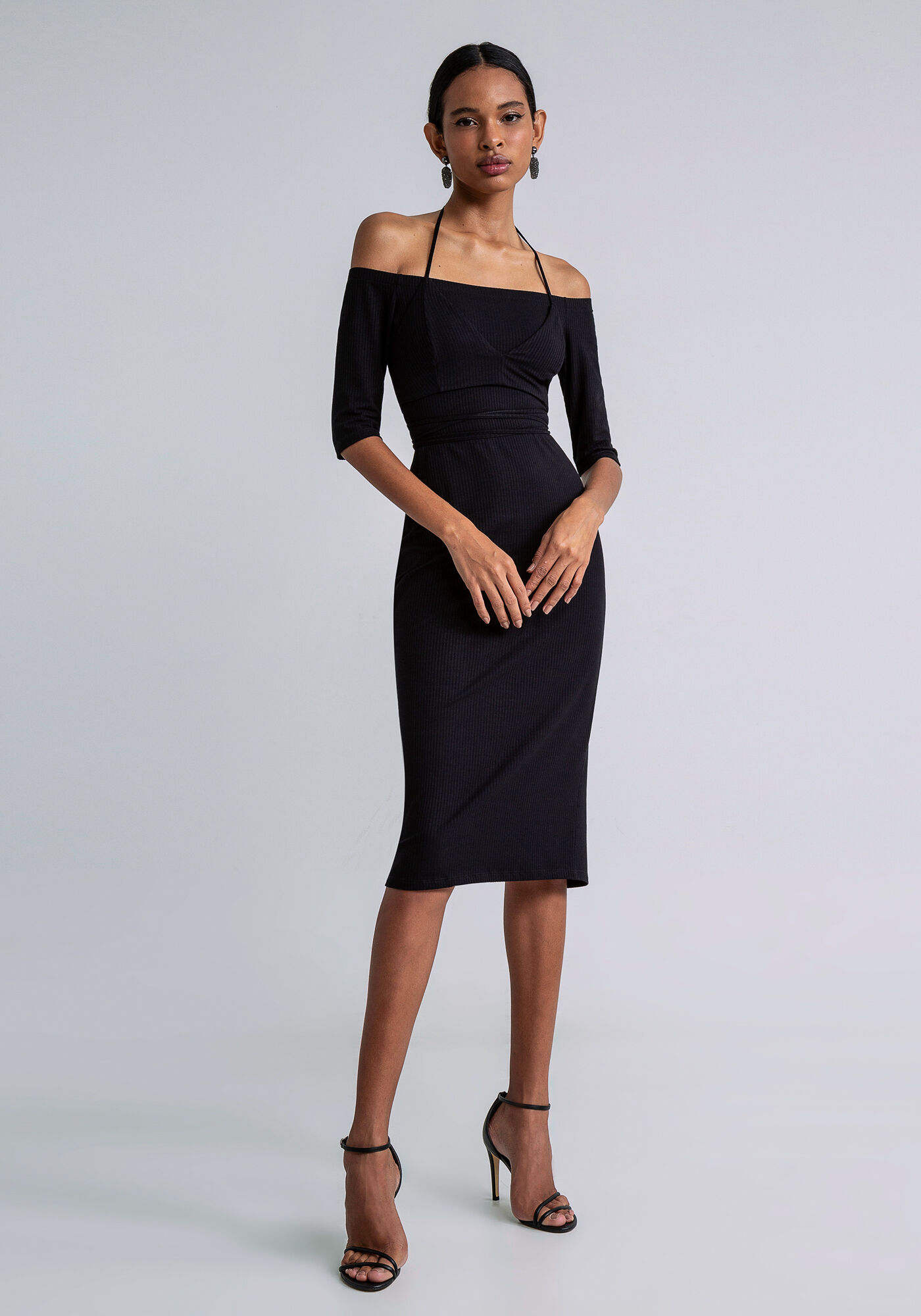 Vestido Ombro a Ombro Midi com Top, PRETO, large.