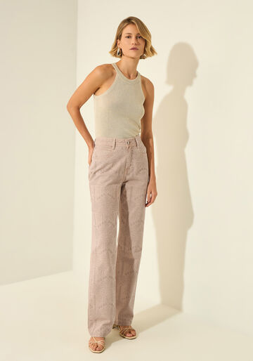 Calça Reta De Sarja Com Cintura Alta E Aplicações, BEGE PAPIRO. Calça Reta De Sarja Com Cintura Alta E Aplicações, BEGE PAPIRO, large.