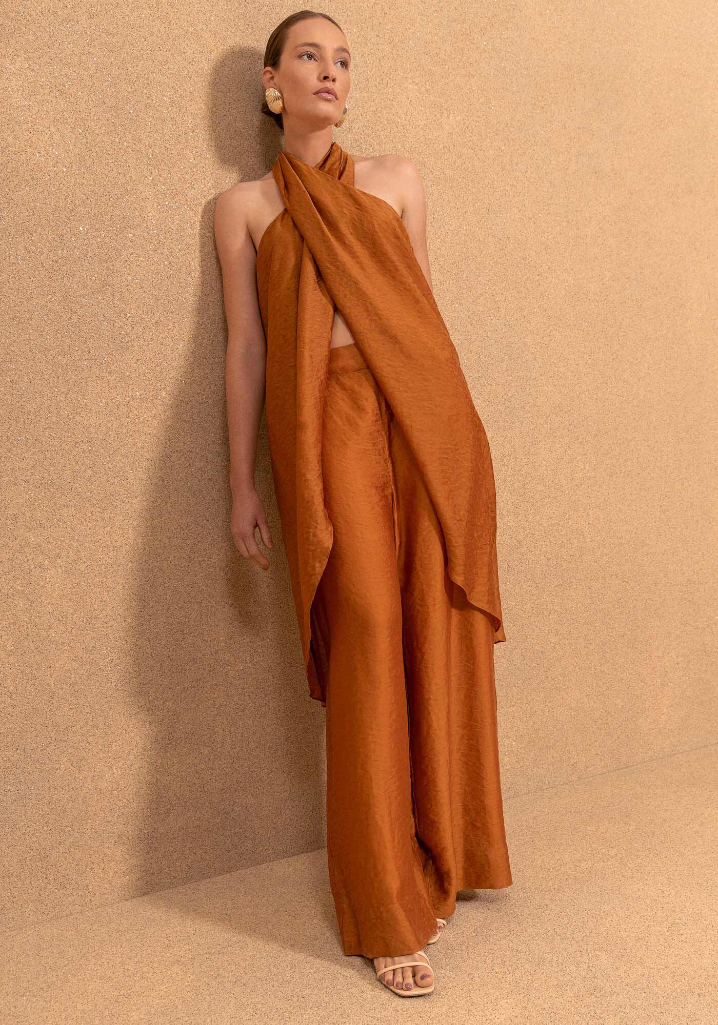 Blusa Alongada Com Amarra&ccedil;&atilde;o Em Tecido Texturizado, BEGE GLAZED, large.