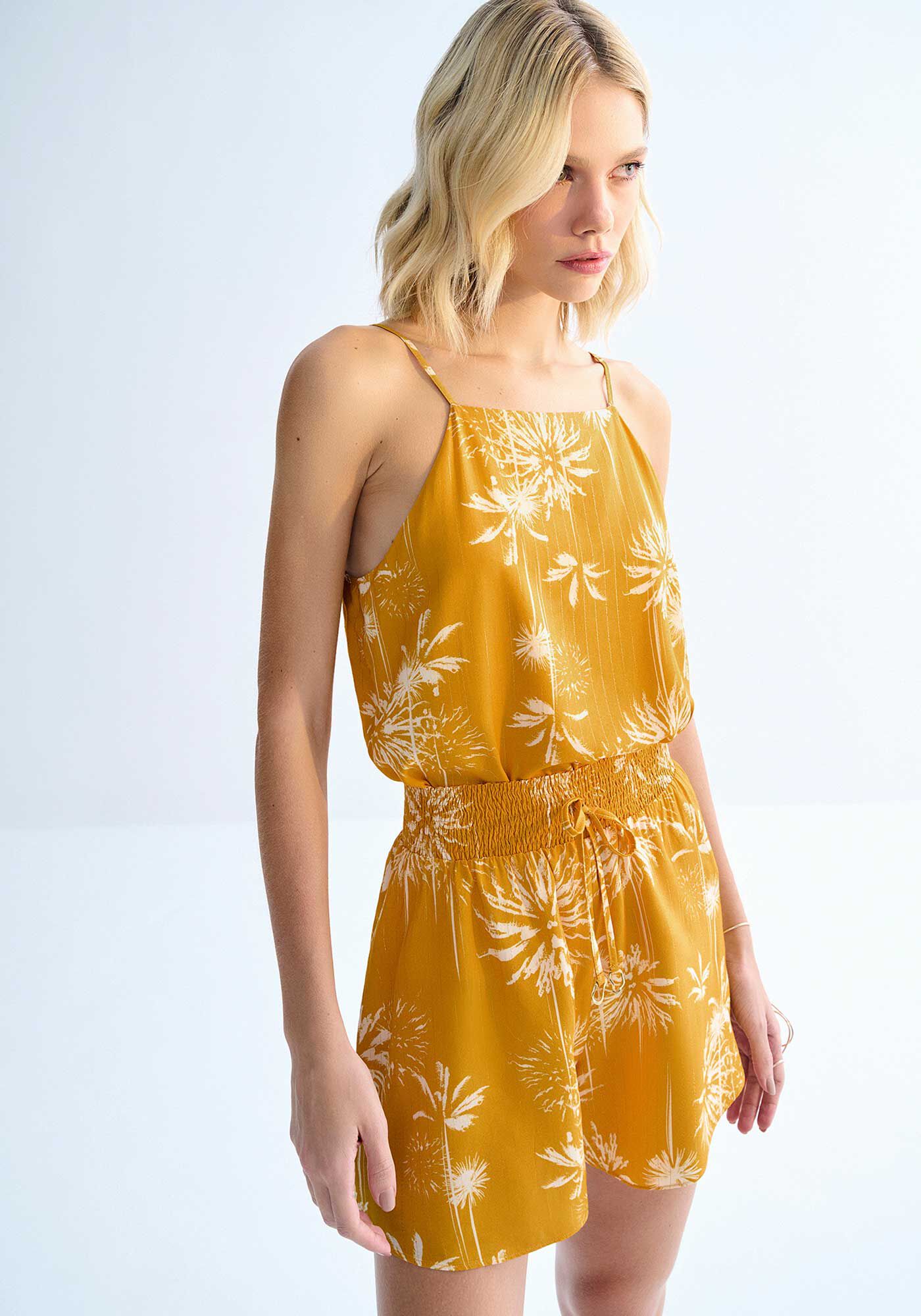 Blusa Halter Neck em Viscose Lurex Estampada, DATE PALMS AMARELO, large.