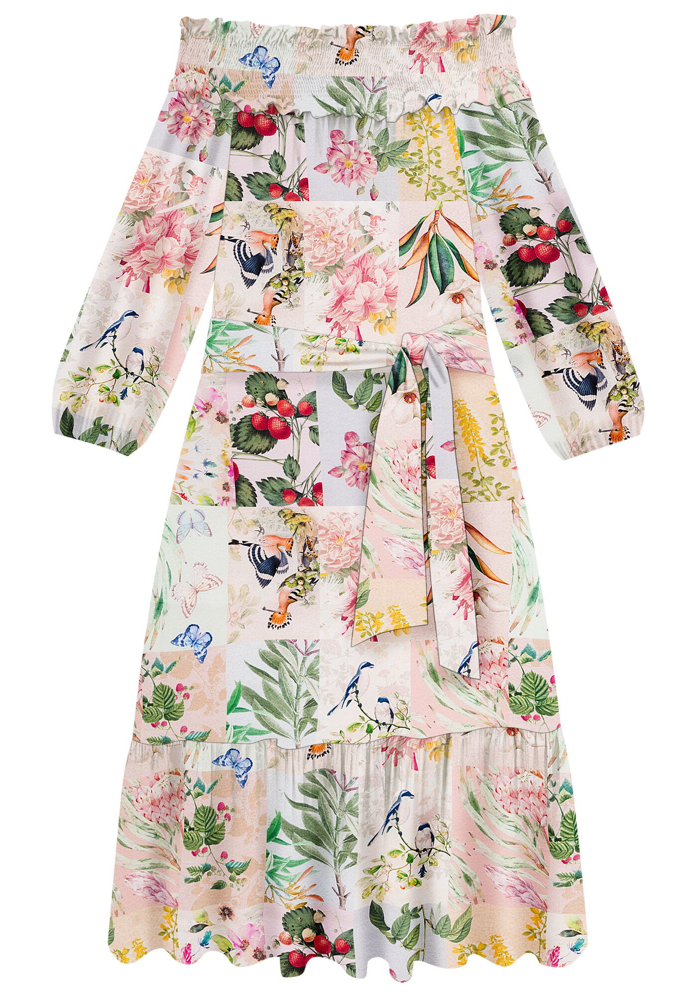 Vestido Midi Ch&aacute; em Viscose Ombro a Ombro, PAPEL DE CARTAS, large.