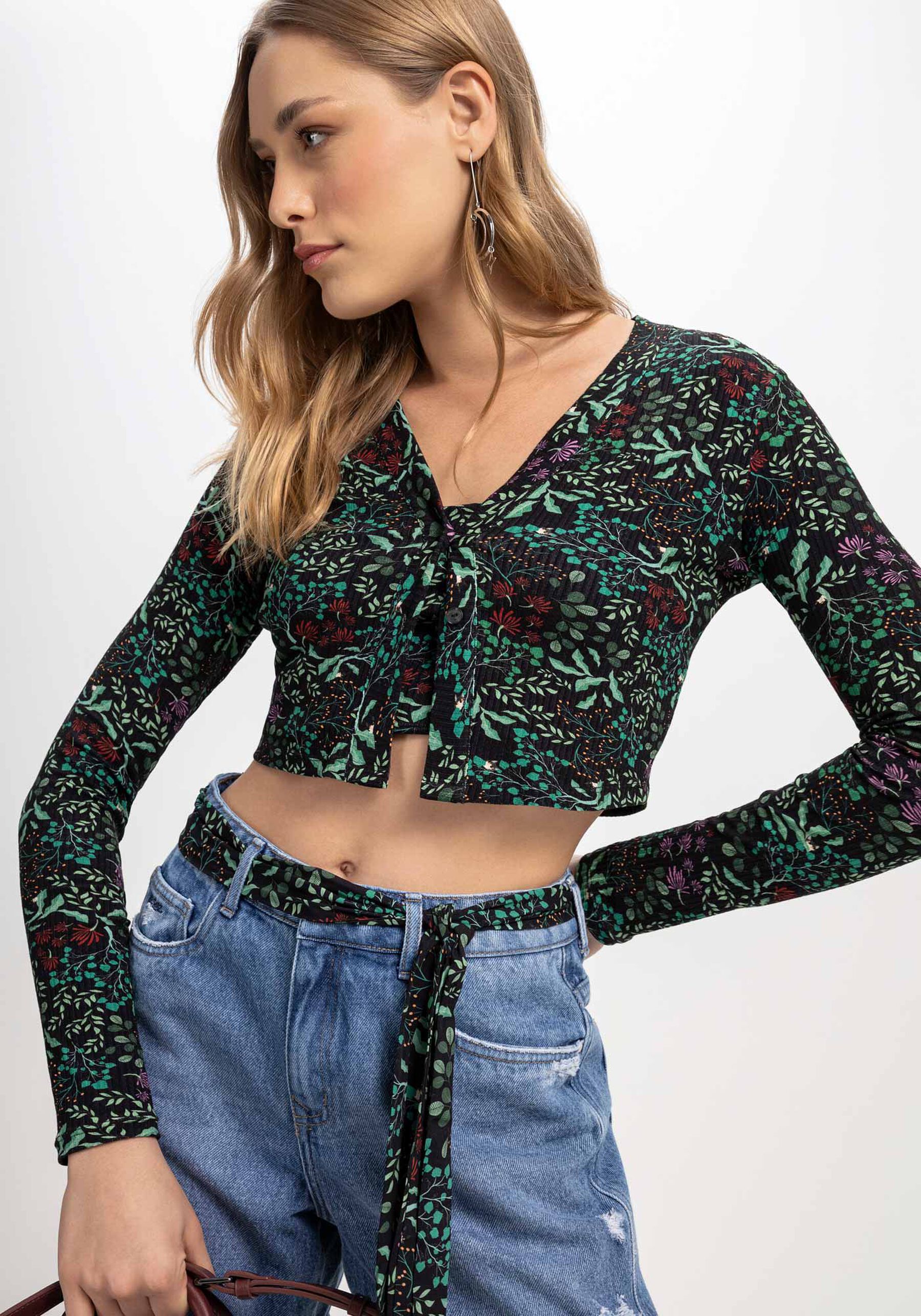 Cardigan Cropped Canelado Estampado com Top, MOSSY. Cardigan Cropped Canelado Estampado com Top, MOSSY, large.