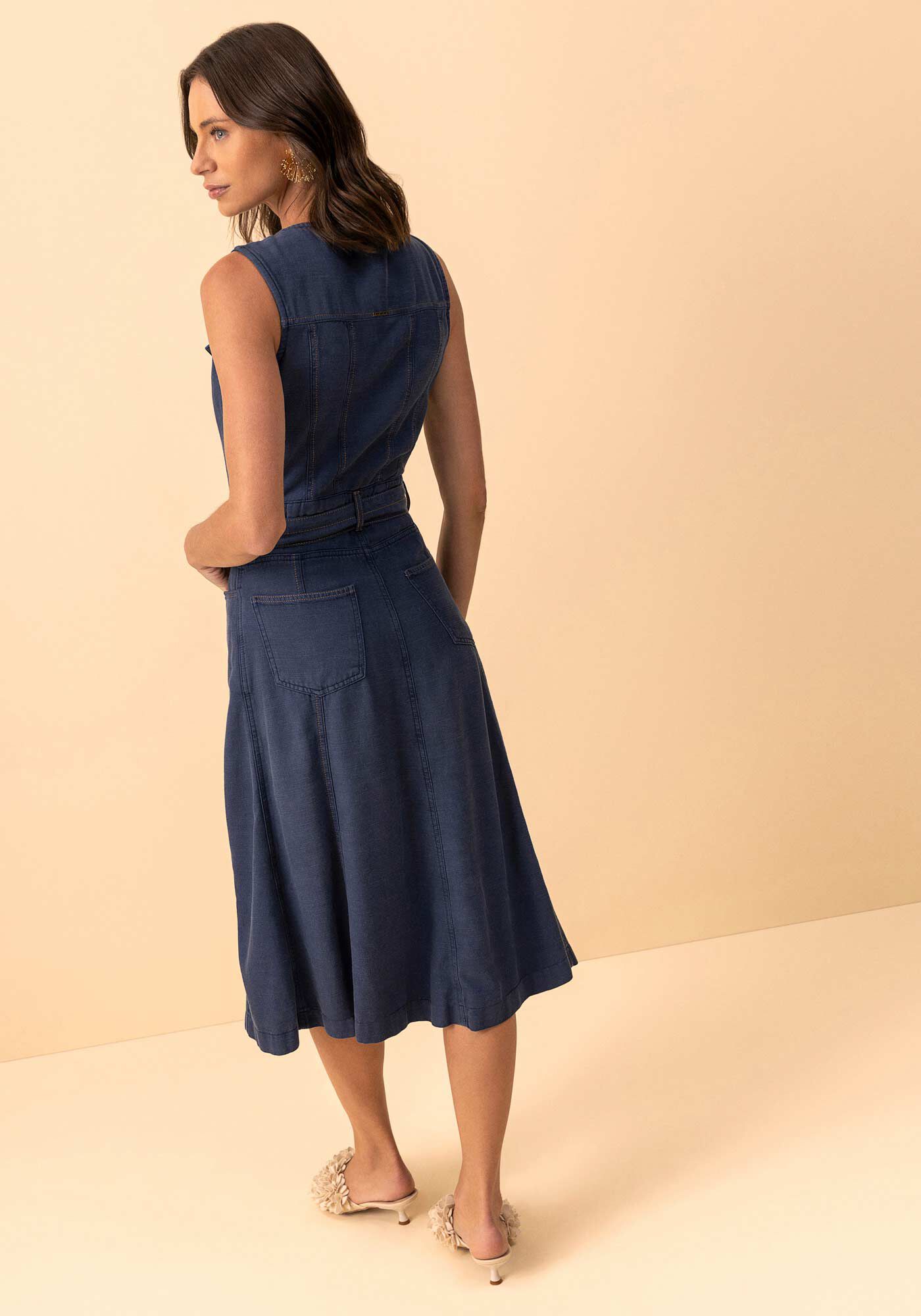 Vestido Midi Em Sarja Com Cinto E Detalhes Em Alfaiataria, MARINHO WAVE, large.