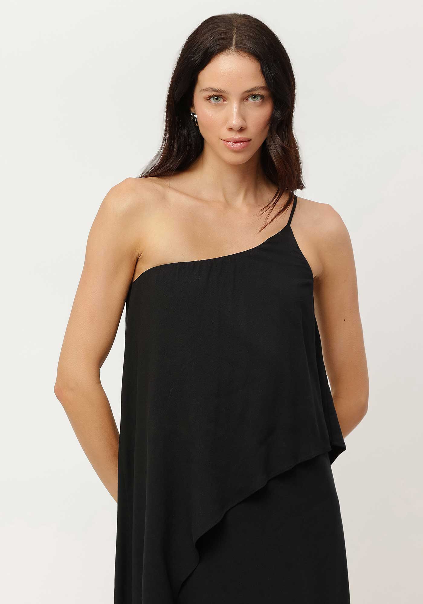 Vestido Midi Ombro S&oacute; em Crepe com Babado, , large.