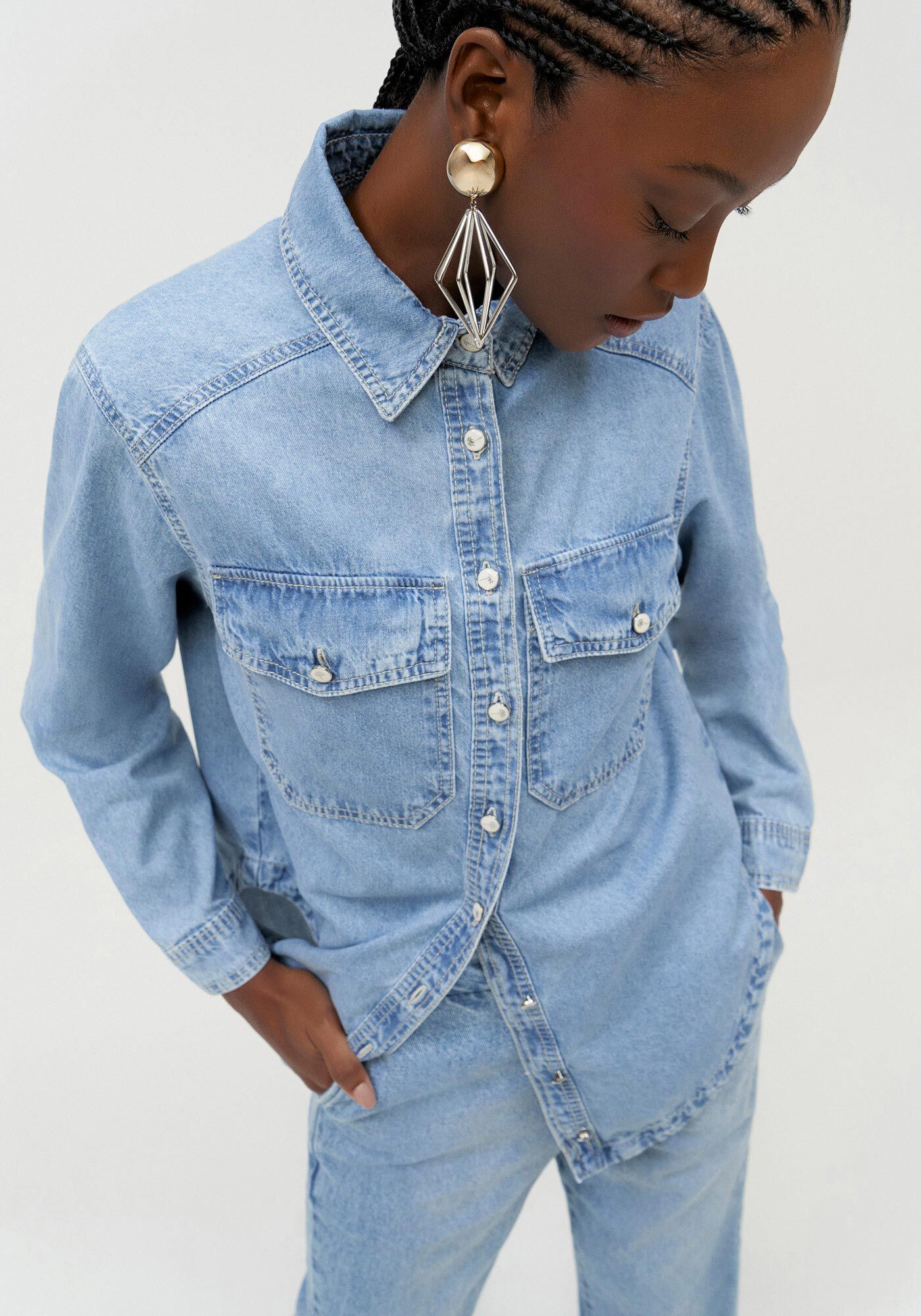 Camisa Jeans com Barra Arredondada, JEANS, large.