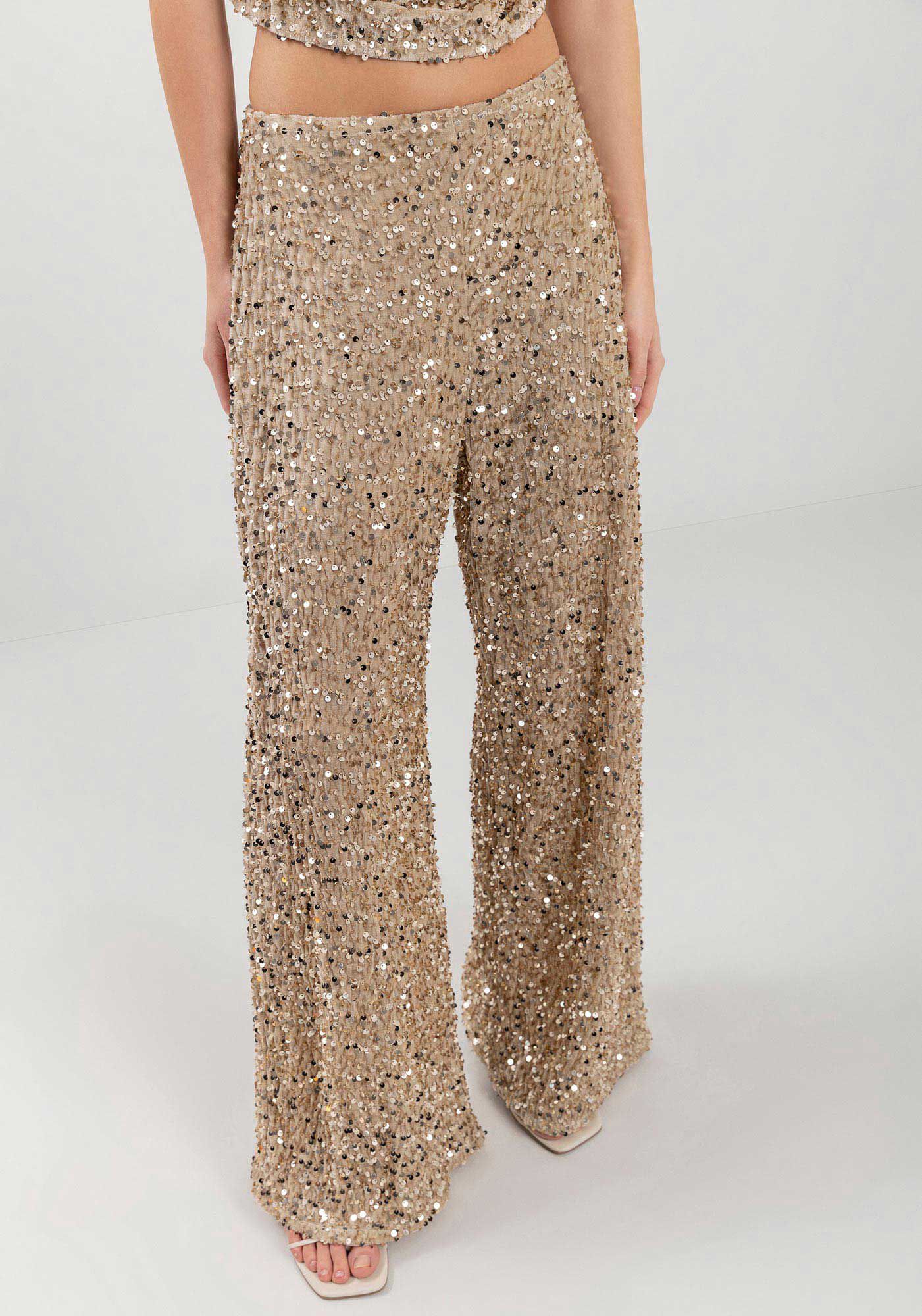 Cal&ccedil;a Pantalona Em Malha De Veludo Com Paet&ecirc;s, BEGE CENTURY, large.