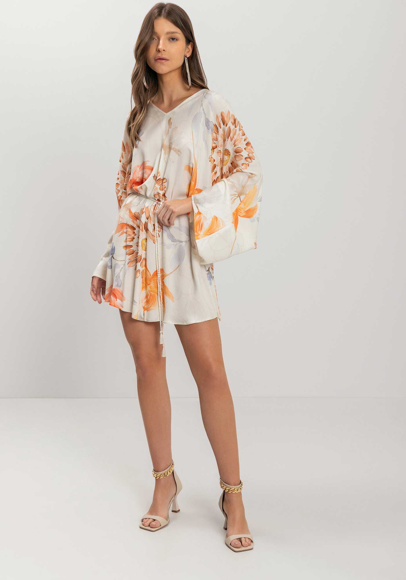 Vestido Curto Estampado Manga longa Com Decote Em V, FLORA BEGE, large.