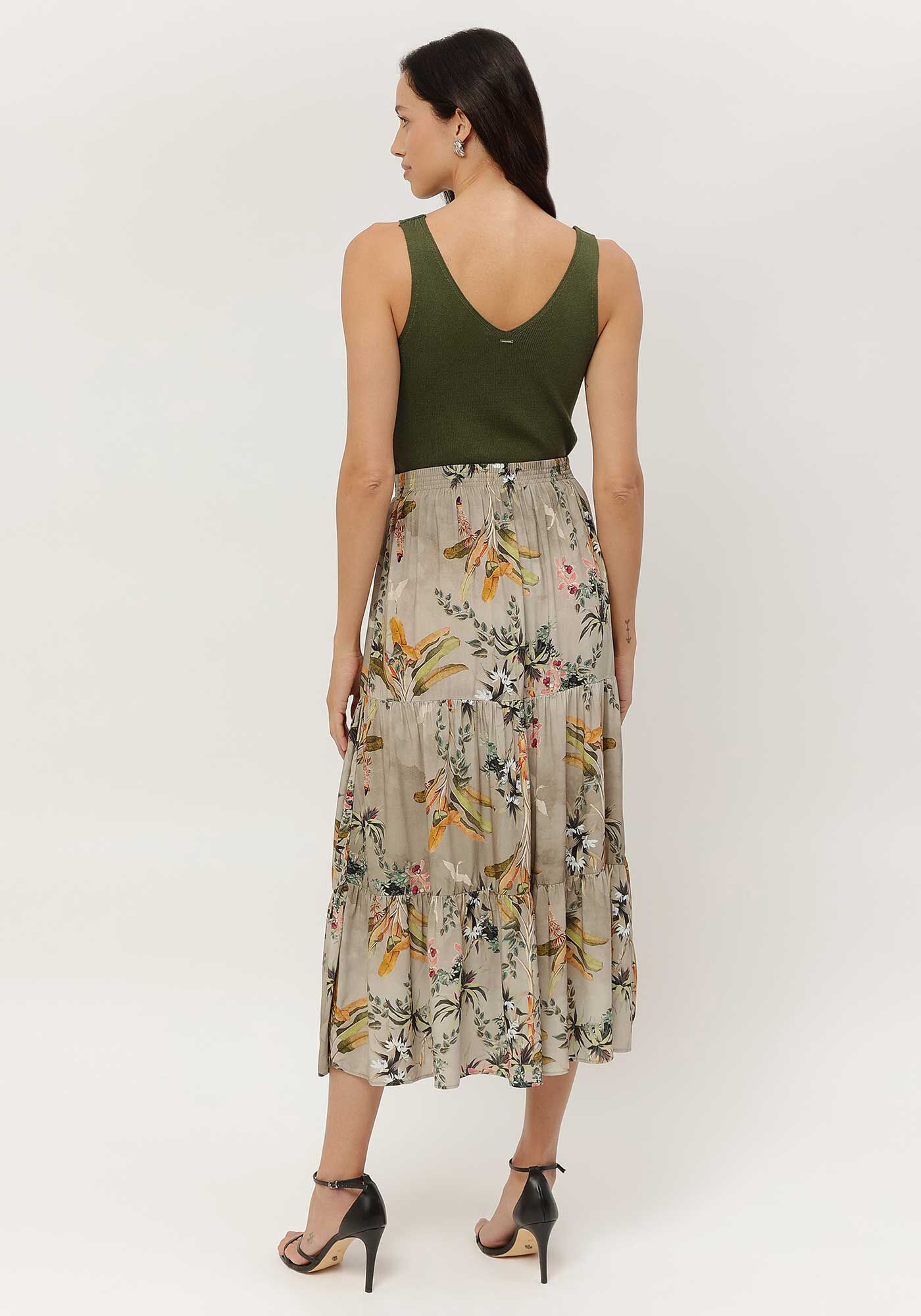 Saia Midi Estampada em Viscose com Babados, , large.