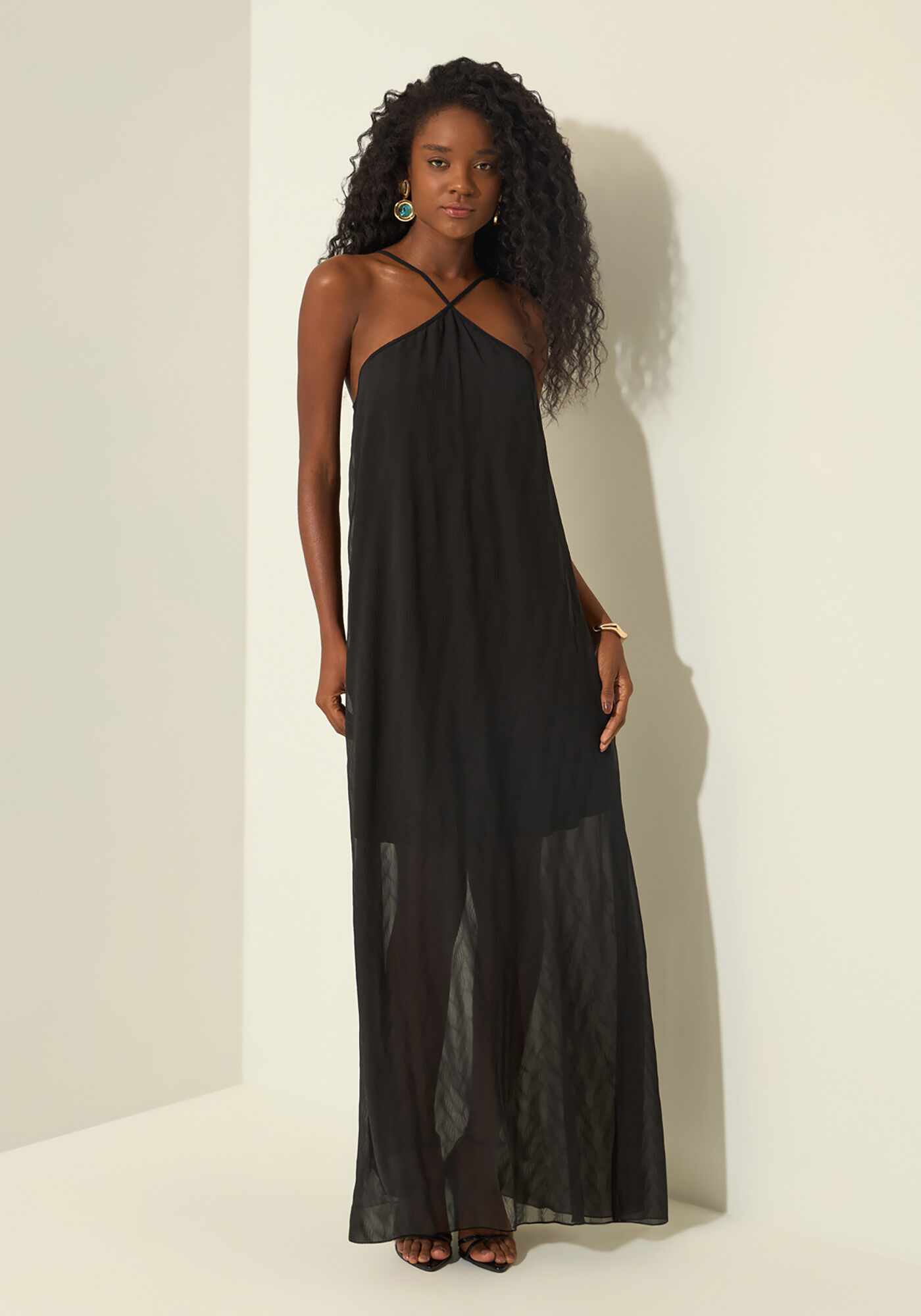 Vestido Longo De Al&ccedil;as Em Chiffon, PRETO, large.