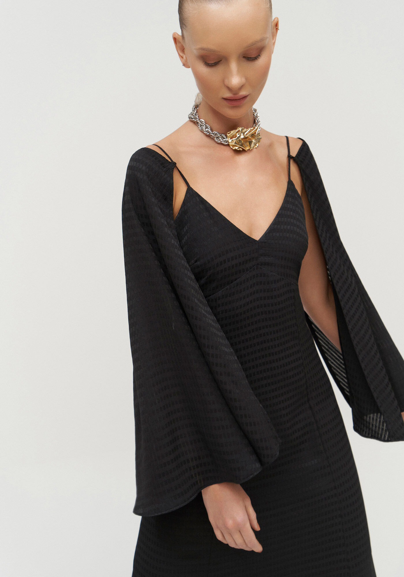 Vestido Longo com Manga Longa Flare Remov&iacute;vel, , large.