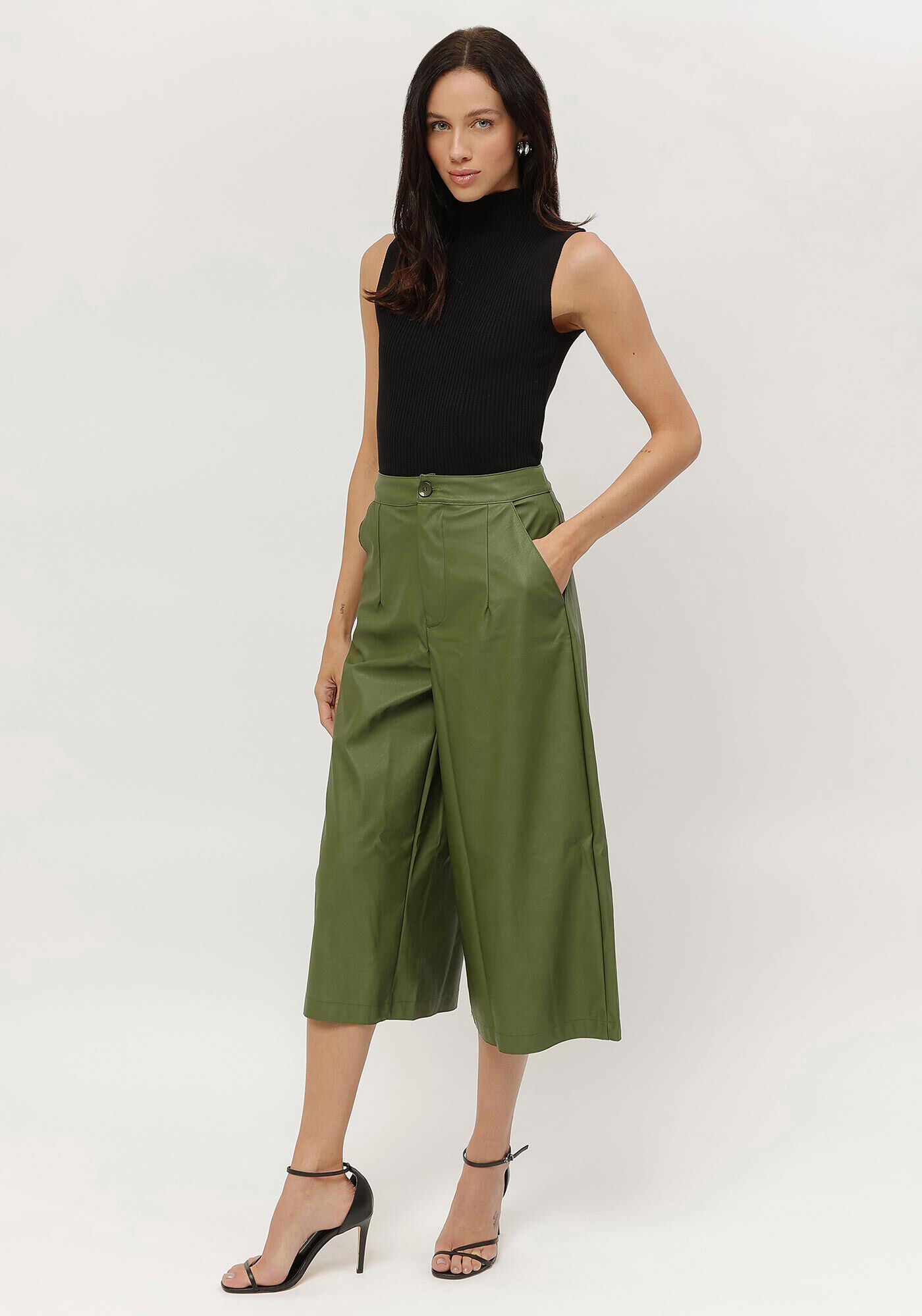 Cal&ccedil;a Pantacourt em PU com Cintura Alta, VERDE TURFA, large.